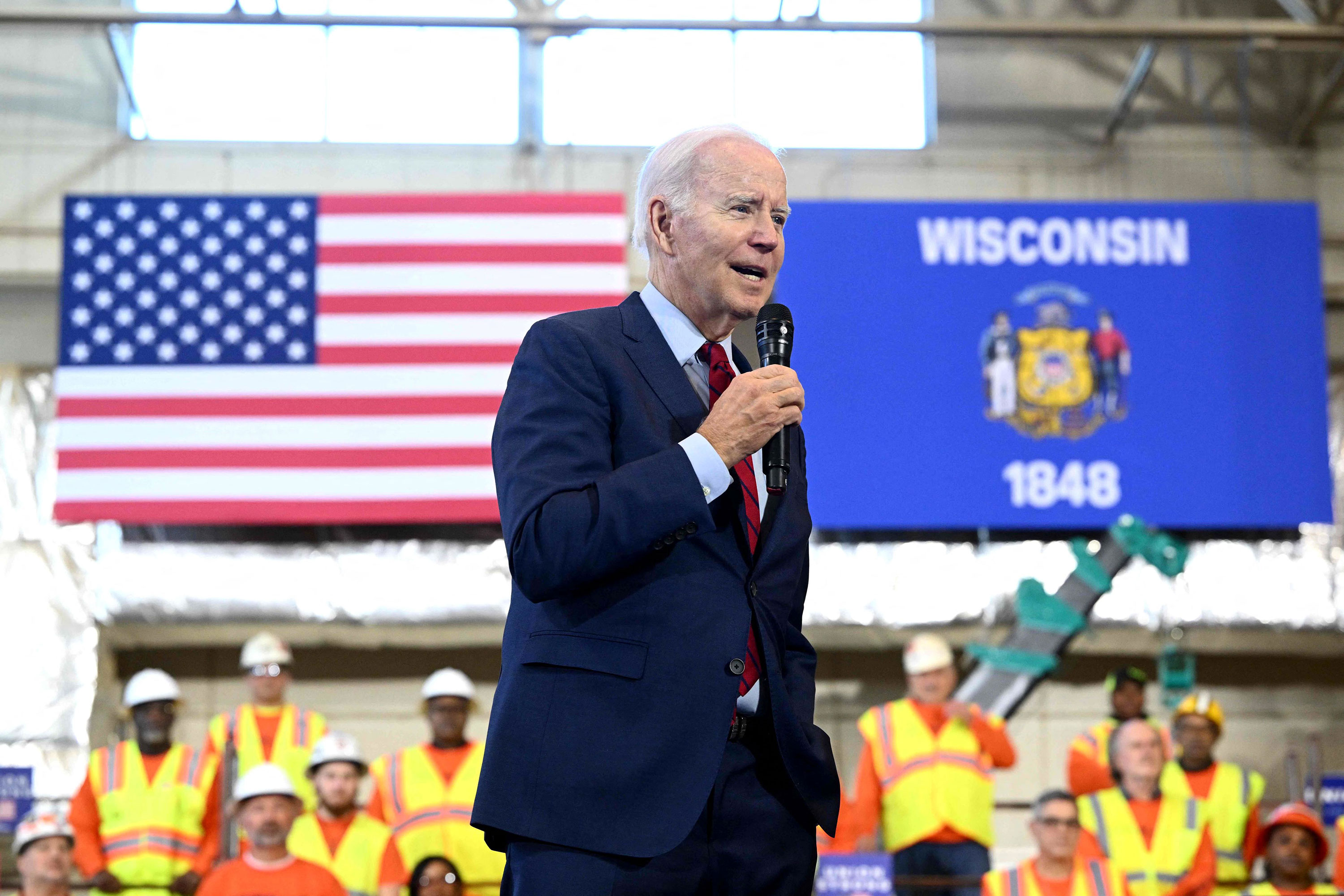 US President Joe Biden speaks in DeForest, Wisconsin, on Wednesday.