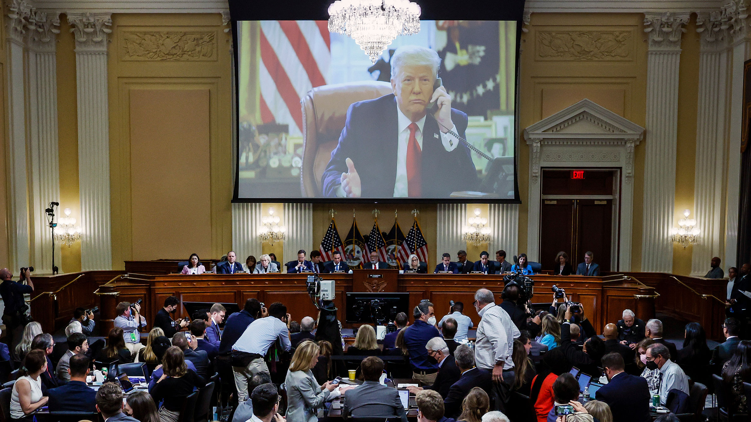 A photo of former President Donald Trump on the phone is displayed during Thursday's hearing.