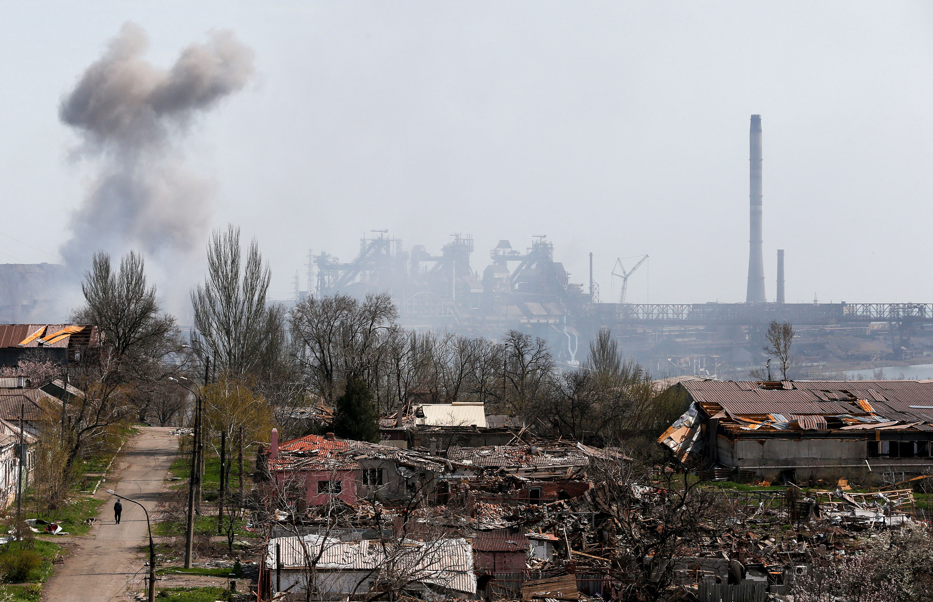 Smoke rises above a plant of Azovstal Iron and Steel Works company in Mariupol, Ukraine, on April 18.