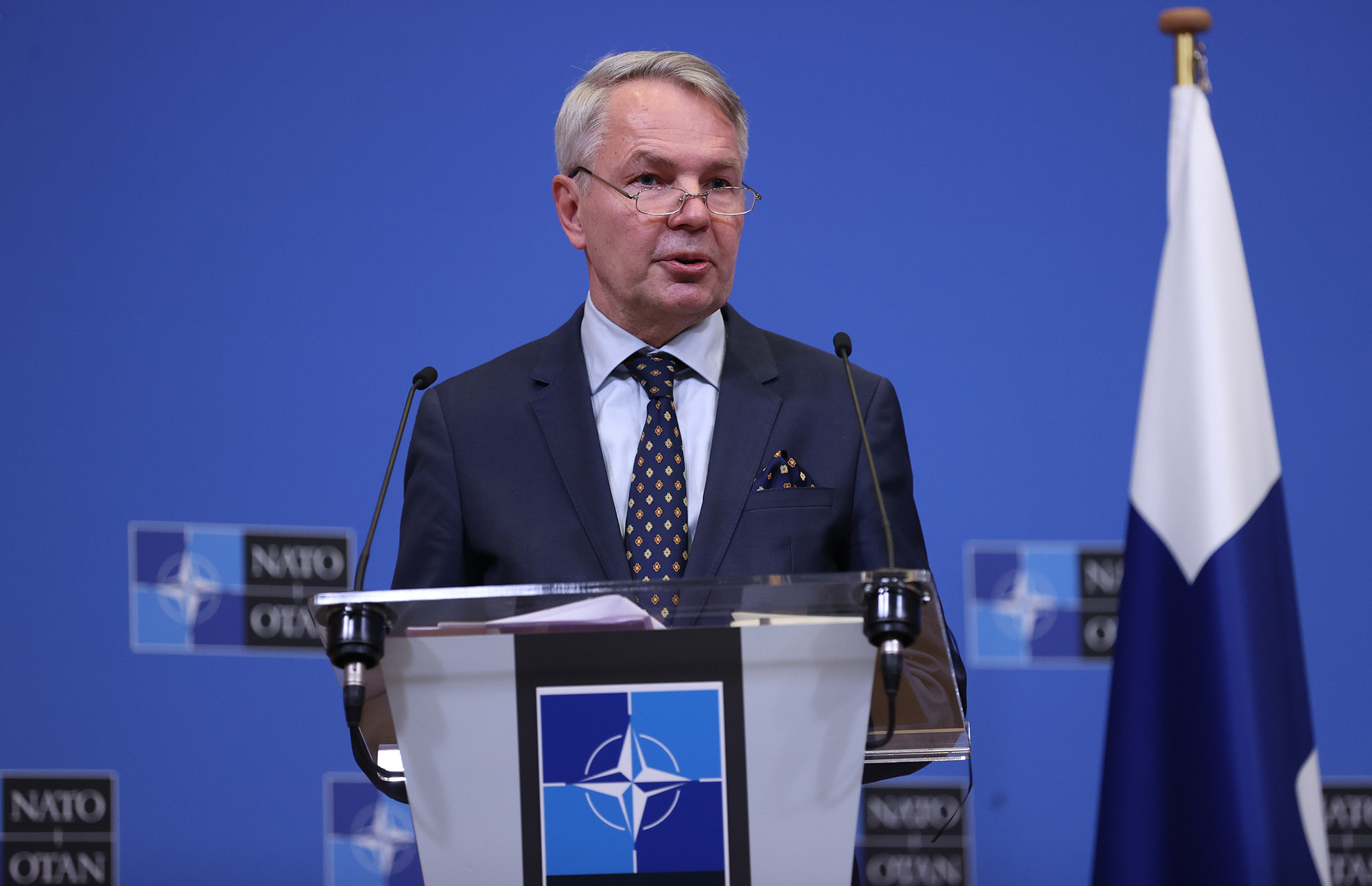 Finnish Foreign Minister Pekka Haavisto speaks at a press conference at NATO headquarters in Brussels, Belgium, on January 24.