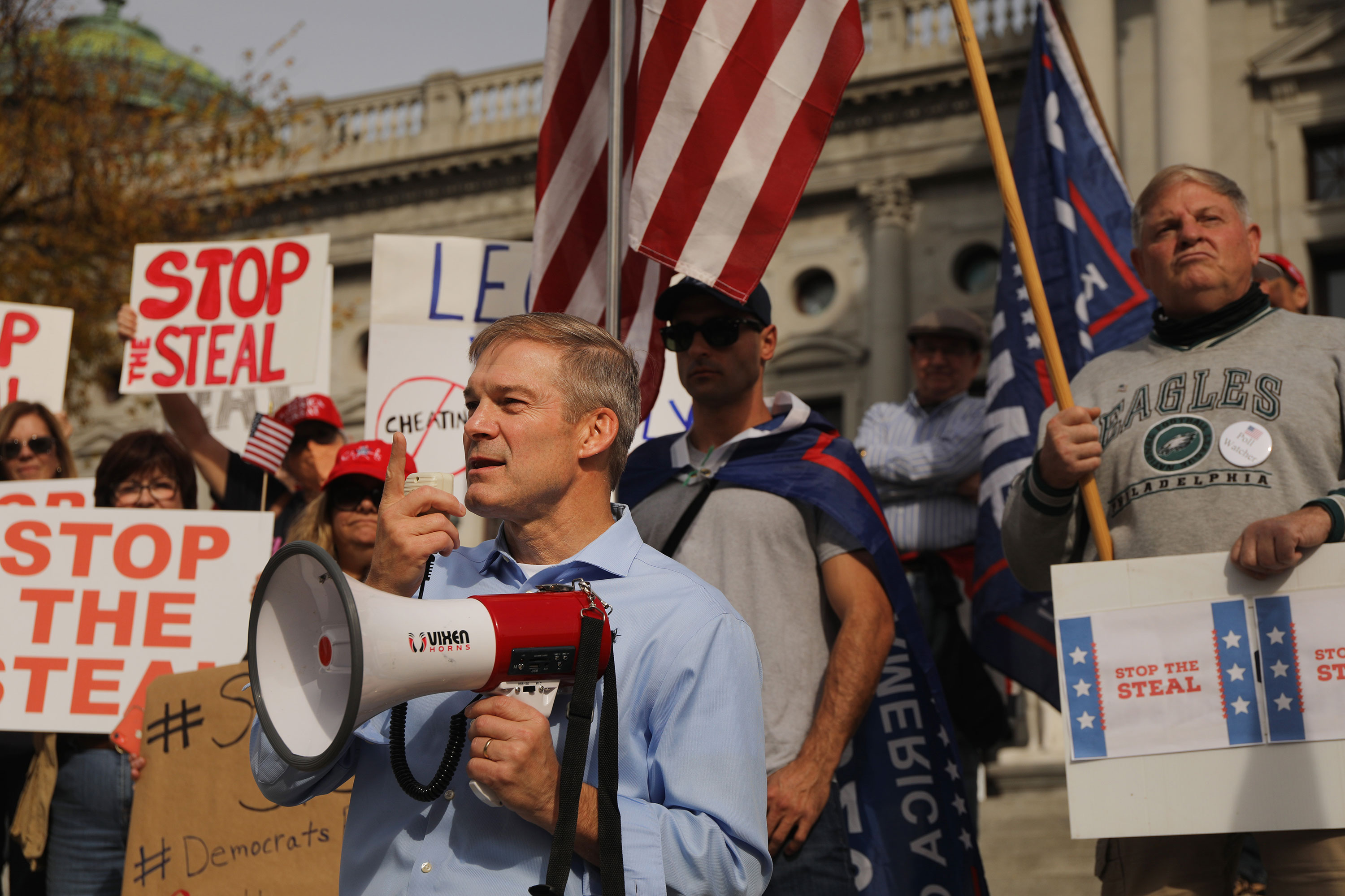 GOP Rep. Jim Jordan stands with dozens of people calling for stopping the vote count in Pennsylvania due to alleged fraud against former President Donald Trump on the steps of the Pennsylvania state capital in Harrisburg on Nov. 5, 2020.