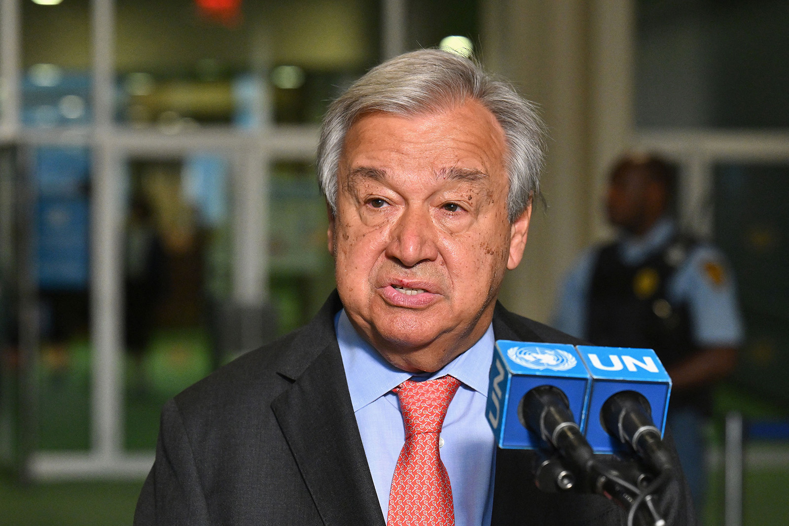 UN Secretary-General António Guterres speaks to the media prior to the 2022 Review Conference of the Parties to the Treaty on the Non-Proliferation of Nuclear Weapons at the United Nations in New York City on August 1.