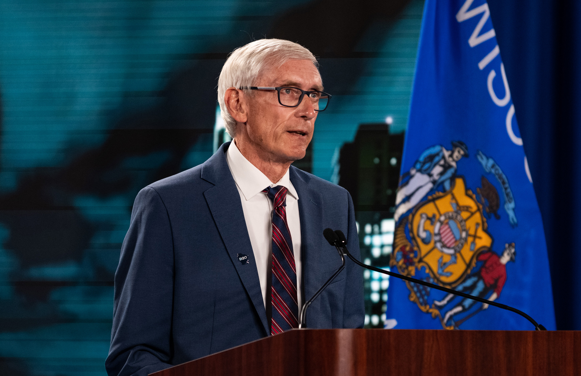 Wisconsin Gov. Tony Evers speaks during the virtual Democratic National Convention at the Wisconsin Center on August 19 in Milwaukee. 