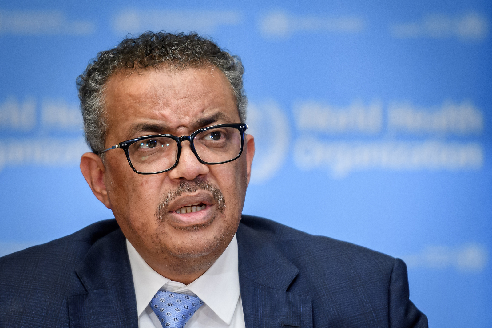 WHO Director-General Tedros Adhanom Ghebreyesus during a news conference at WHO headquarters in Geneva, Switzerland, in March 2020.
