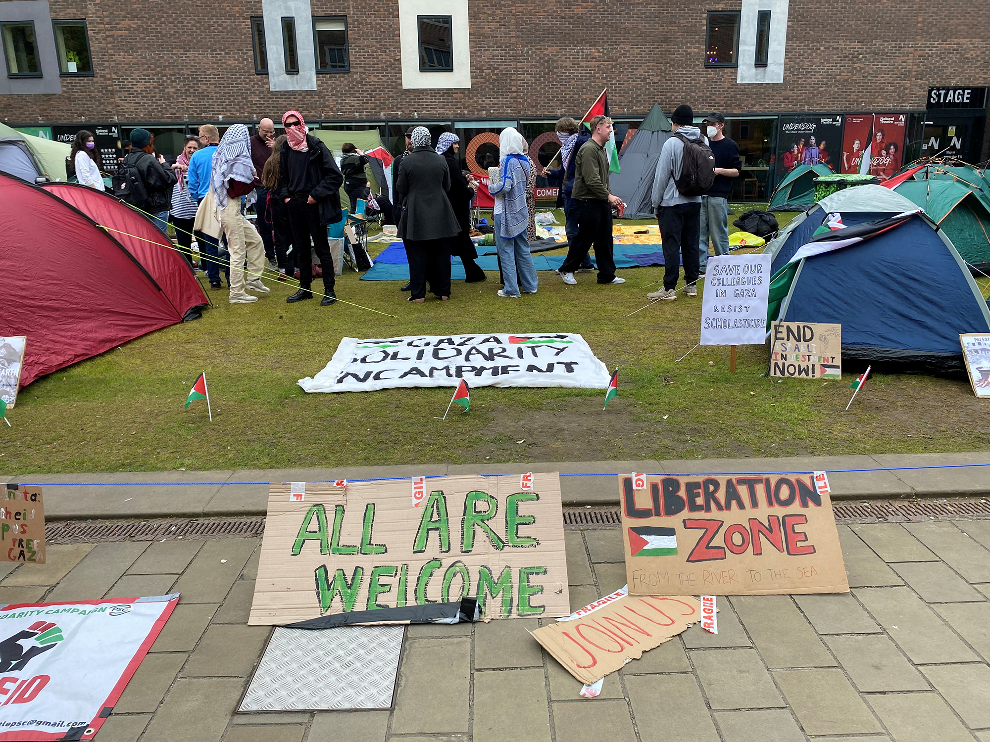 People gather during a protest in support of Palestinians at Newcastle University in Newcastle, England, on May 1, 2024.