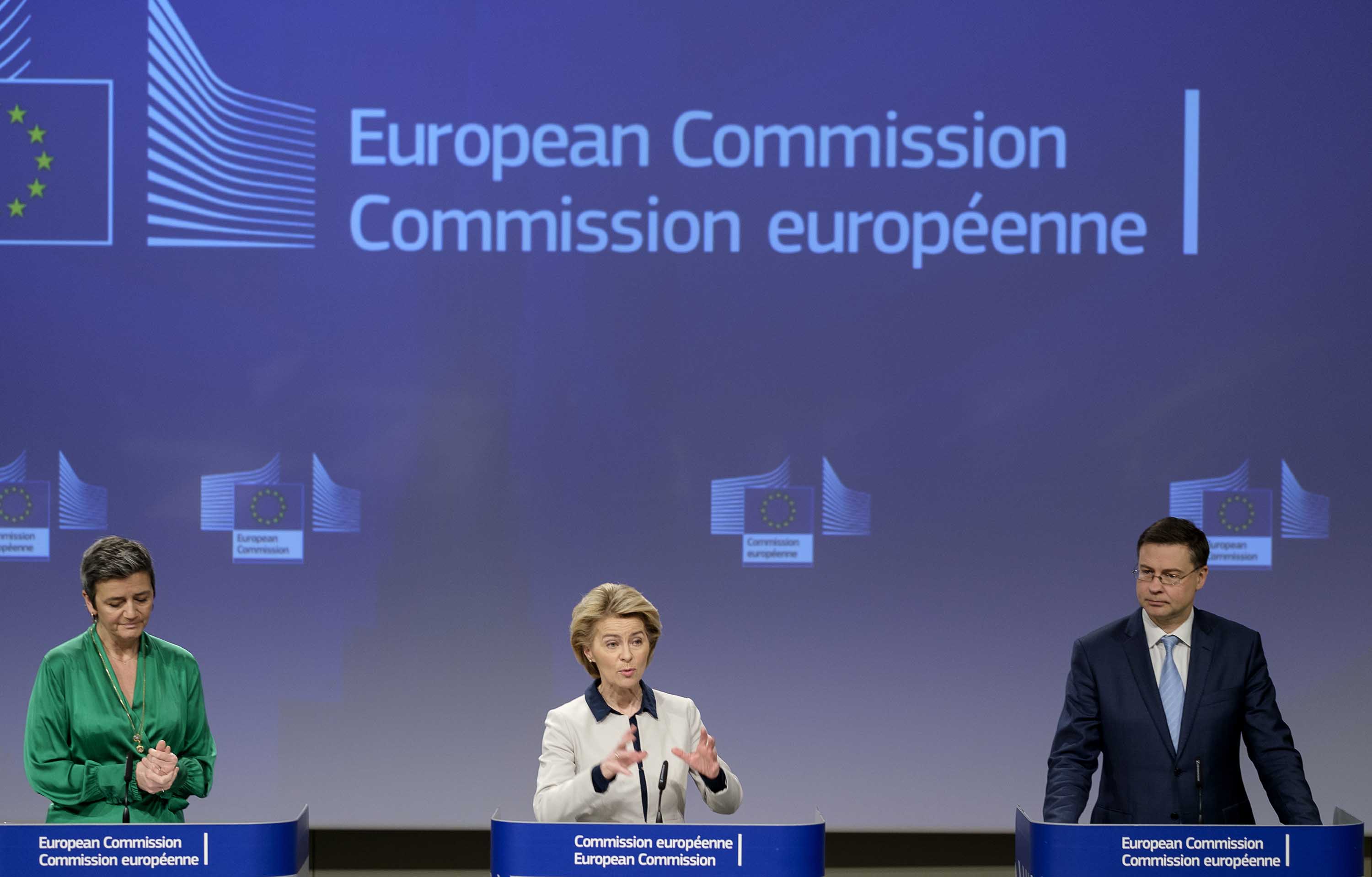 European Commission President Ursula von der Leyen, center, participates in a media conference at the European Union headquarters in Brussels, Belgium, on Friday.