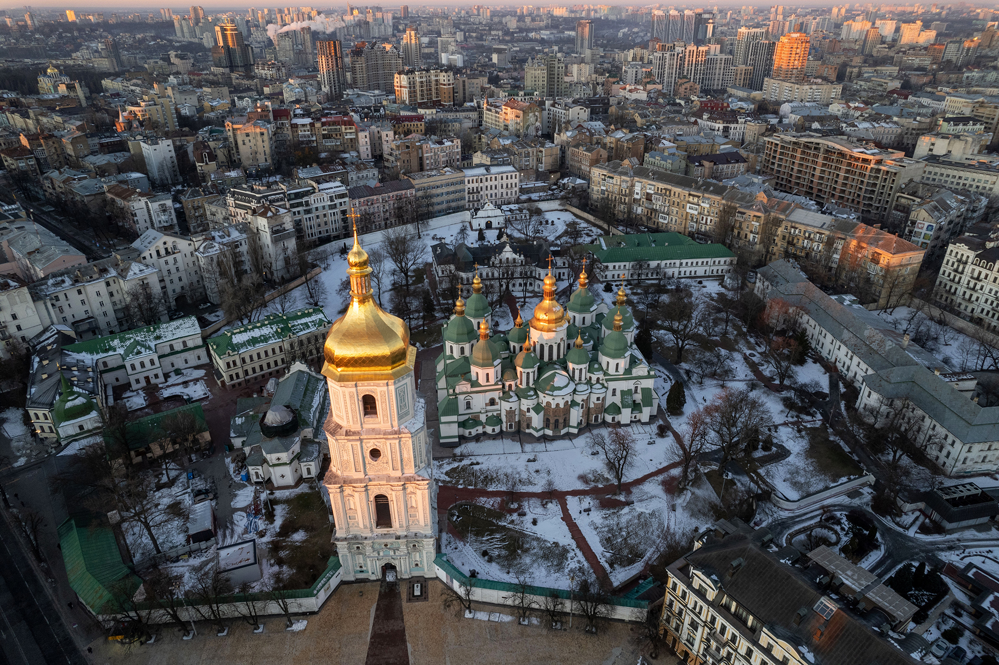 The Saint Sophia Cathedral at sunrise in Kyiv, Ukraine, on February 15