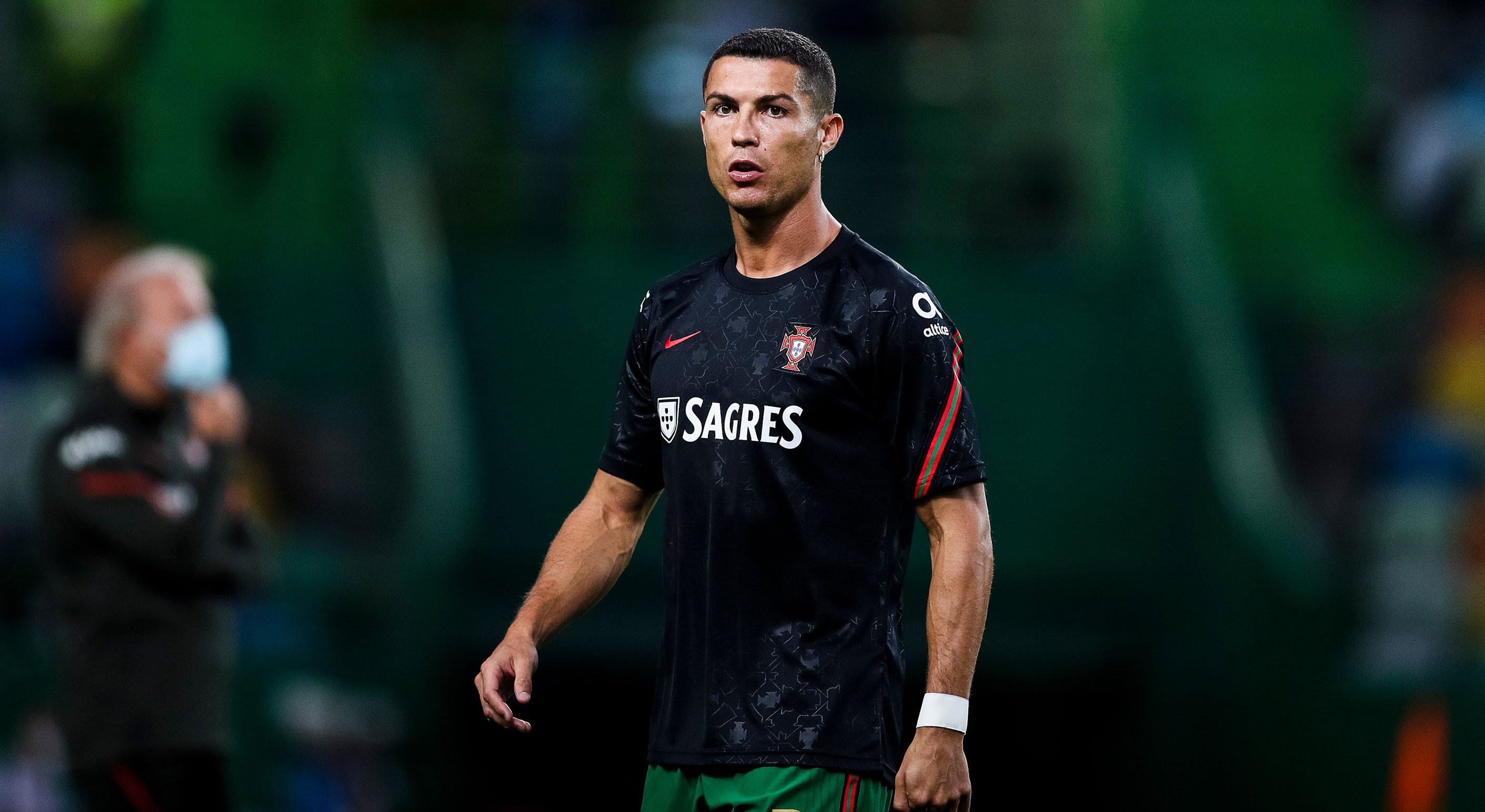 Cristiano Ronaldo warms up before a match between Portugal and Spain at the Jose Alvalade stadium on October 7 in Lisbon, Portugal.