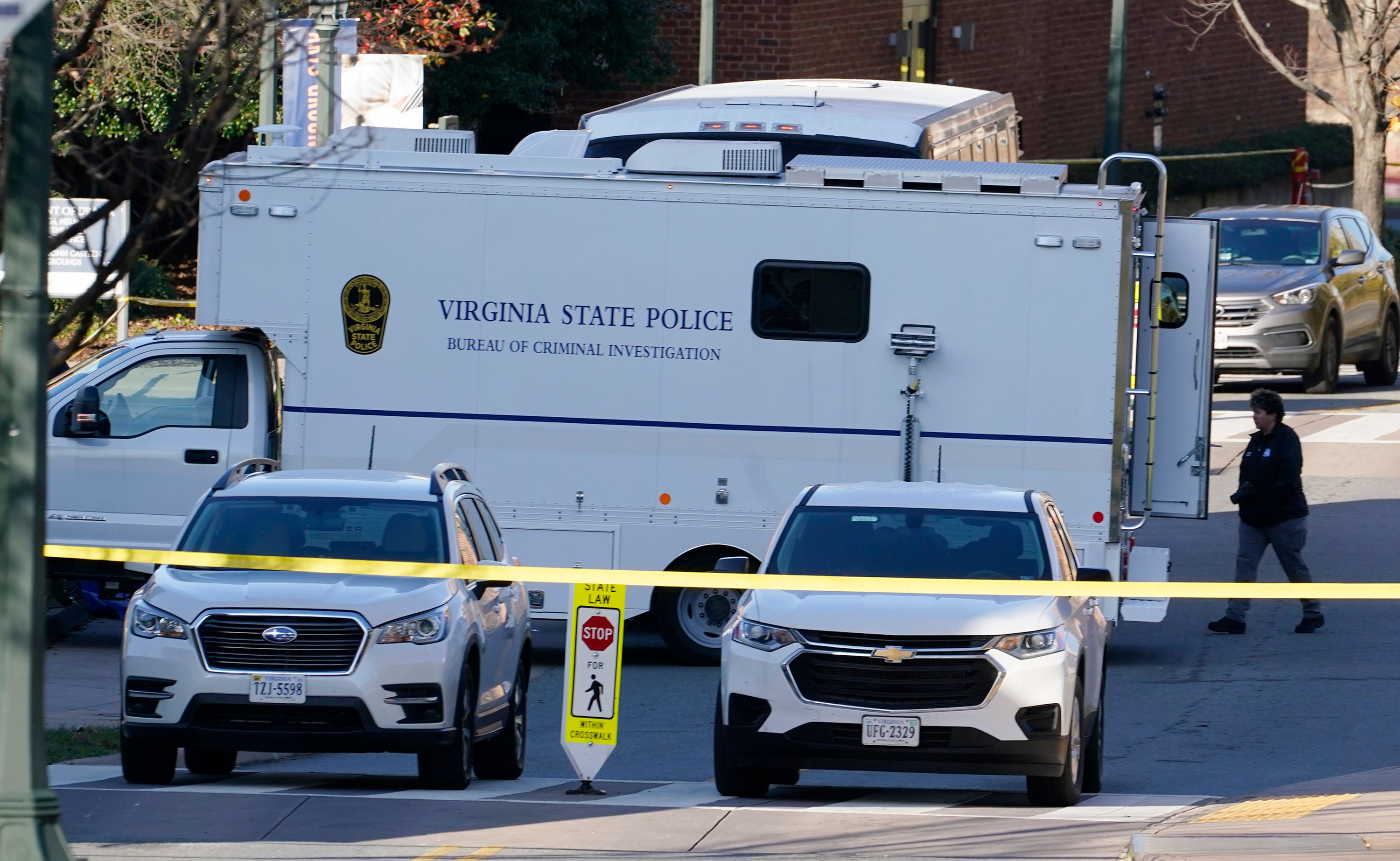A Virginia State Police crime scene investigation truck is set up at the University of Virginia on Monday.