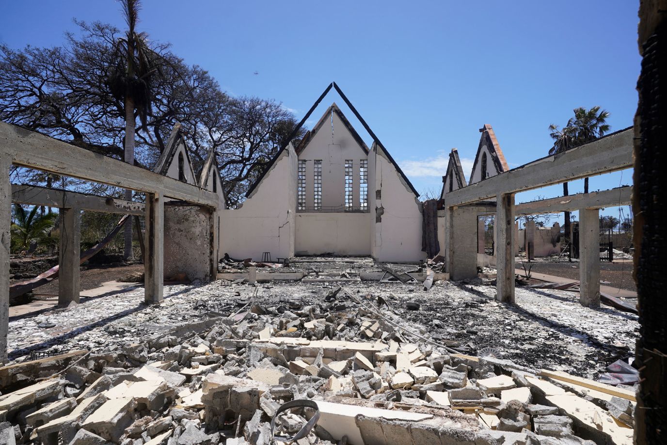 The destroyed Waiola Church is shown following wildfire in Lahaina, Hawaii on Friday. 