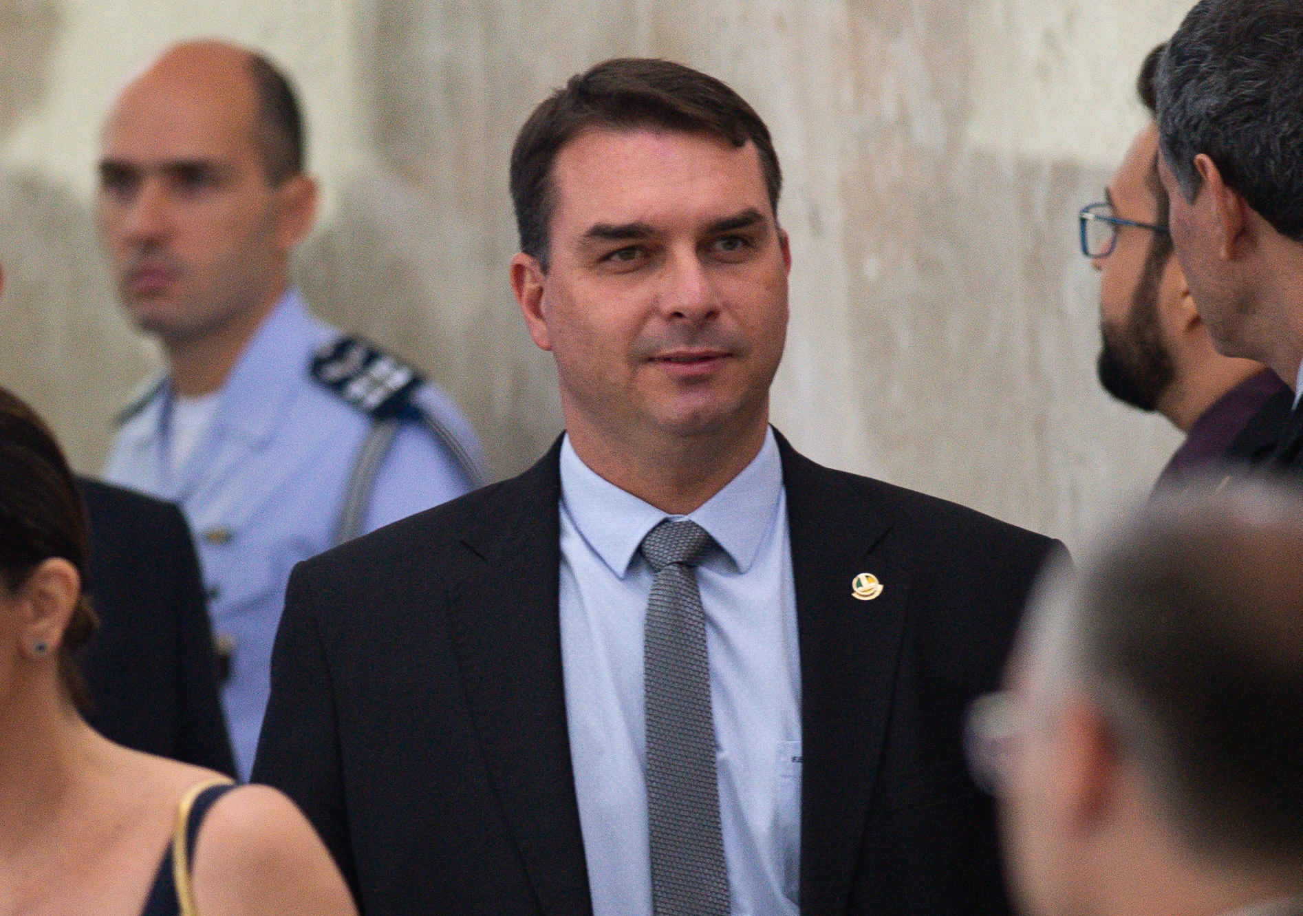 Senator Flavio Bolsonaro, son of the Brazilian president Jair Bolsonaro, arrives to the swearing in of the newly appointed Health Minister at the Planalto Palace on April 17 in Brasilia.