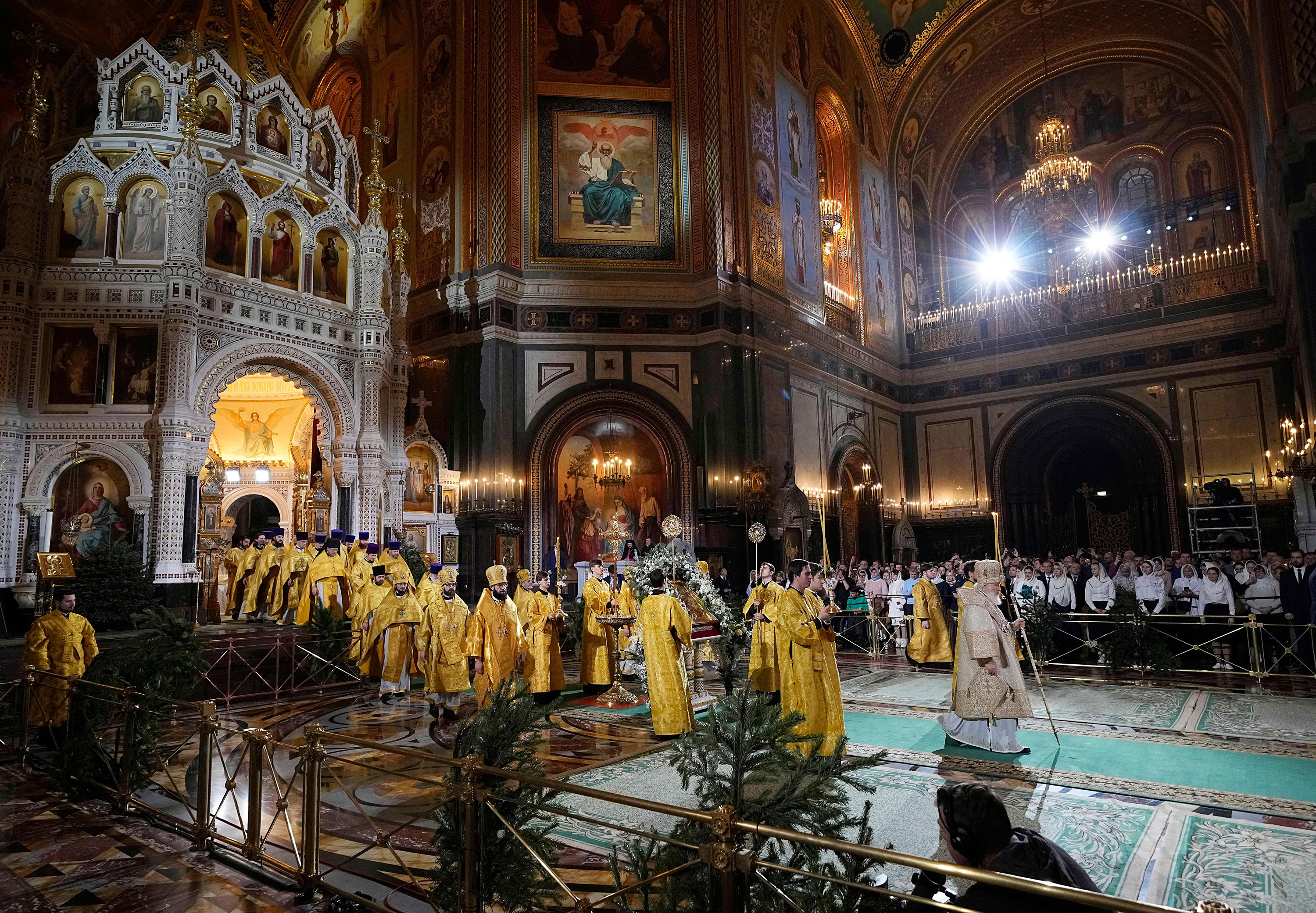 Russian Patriarch Kirill leads a Christmas mass at the Cathedral of Christ the Saviour in Moscow on Friday.