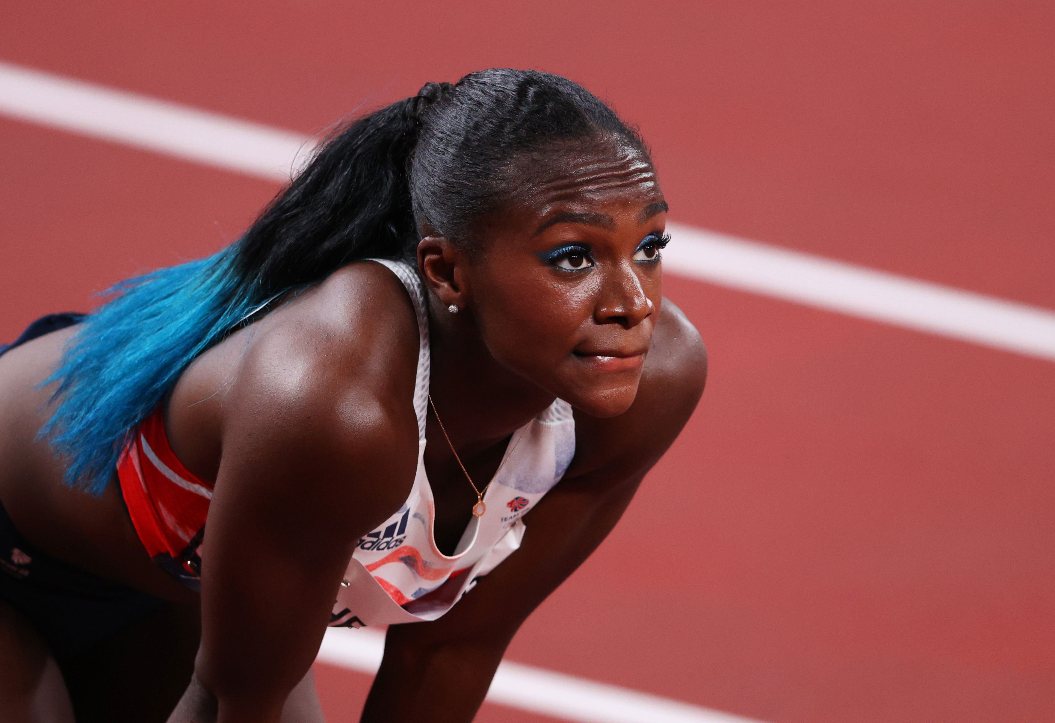 Great Britain's Dina Asher-Smith reacts after failing to qualify for the 100m final on July 31.