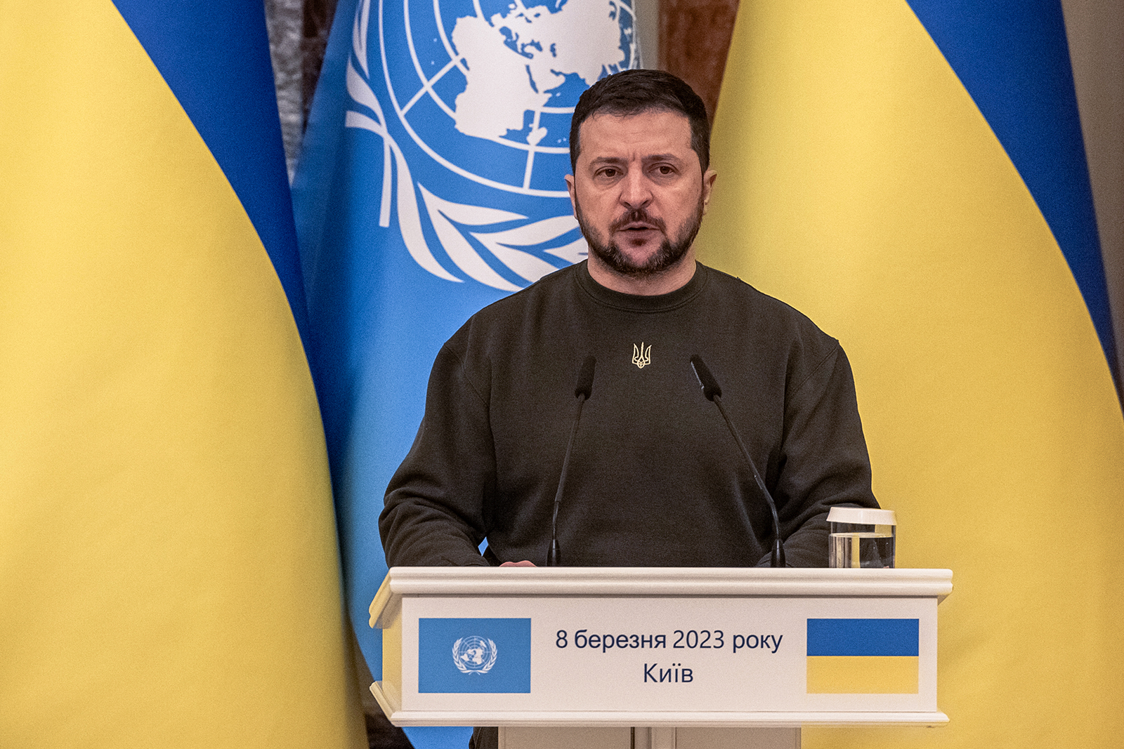 Volodymyr Zelensky delivers a speech in Kyiv on March 8.