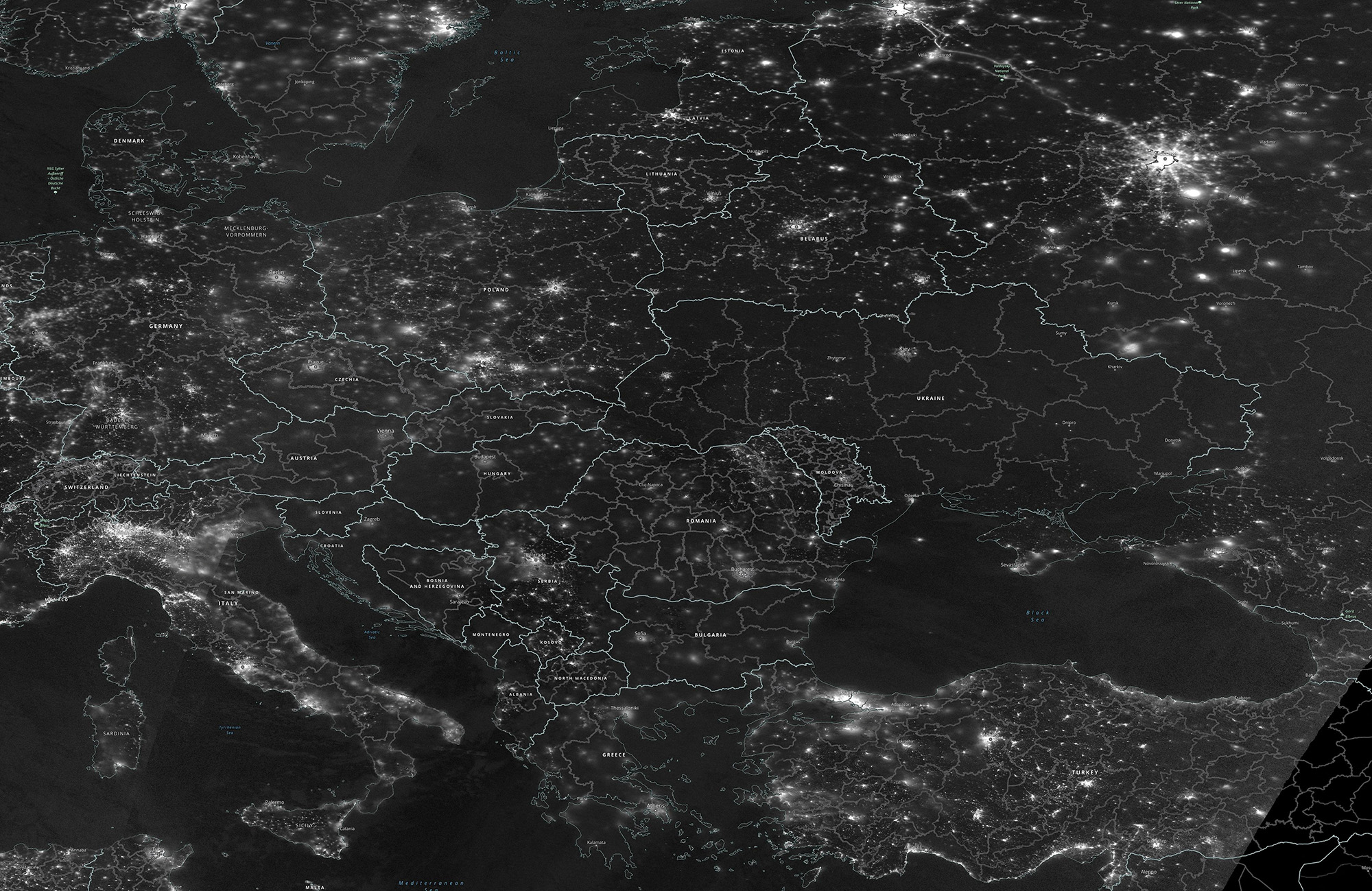 A greyscale satellite image indicating the night radiance of Europe from space on November 23.