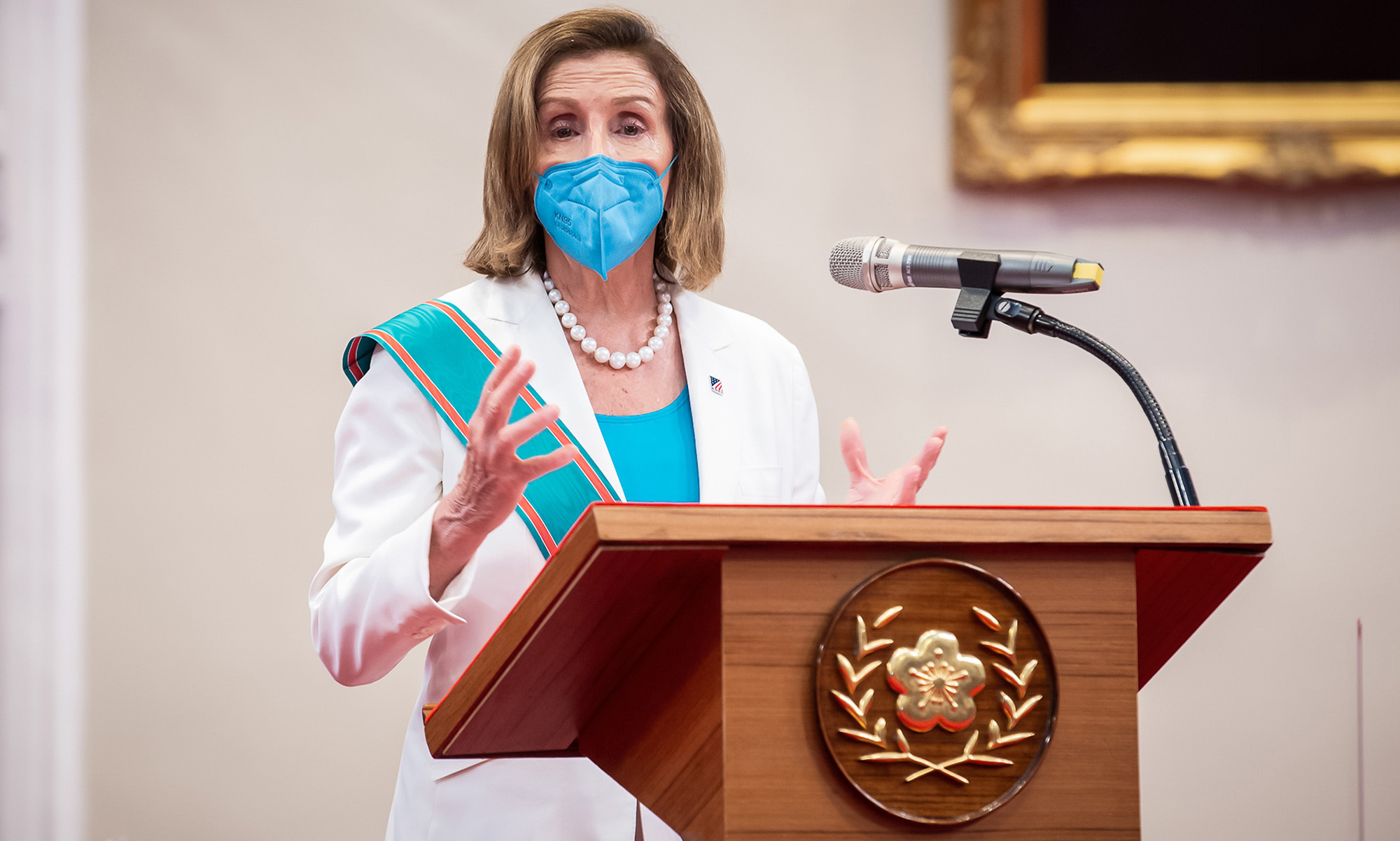 Speaker of the U.S. House Of Representatives Nancy Pelosi speaks after receiving the Order of Propitious Clouds with Special Grand Cordon, Taiwan’s highest civilian honour, from Taiwan's President Tsai Ing-wen, at the president's office on August 3, in Taipei, Taiwan. 