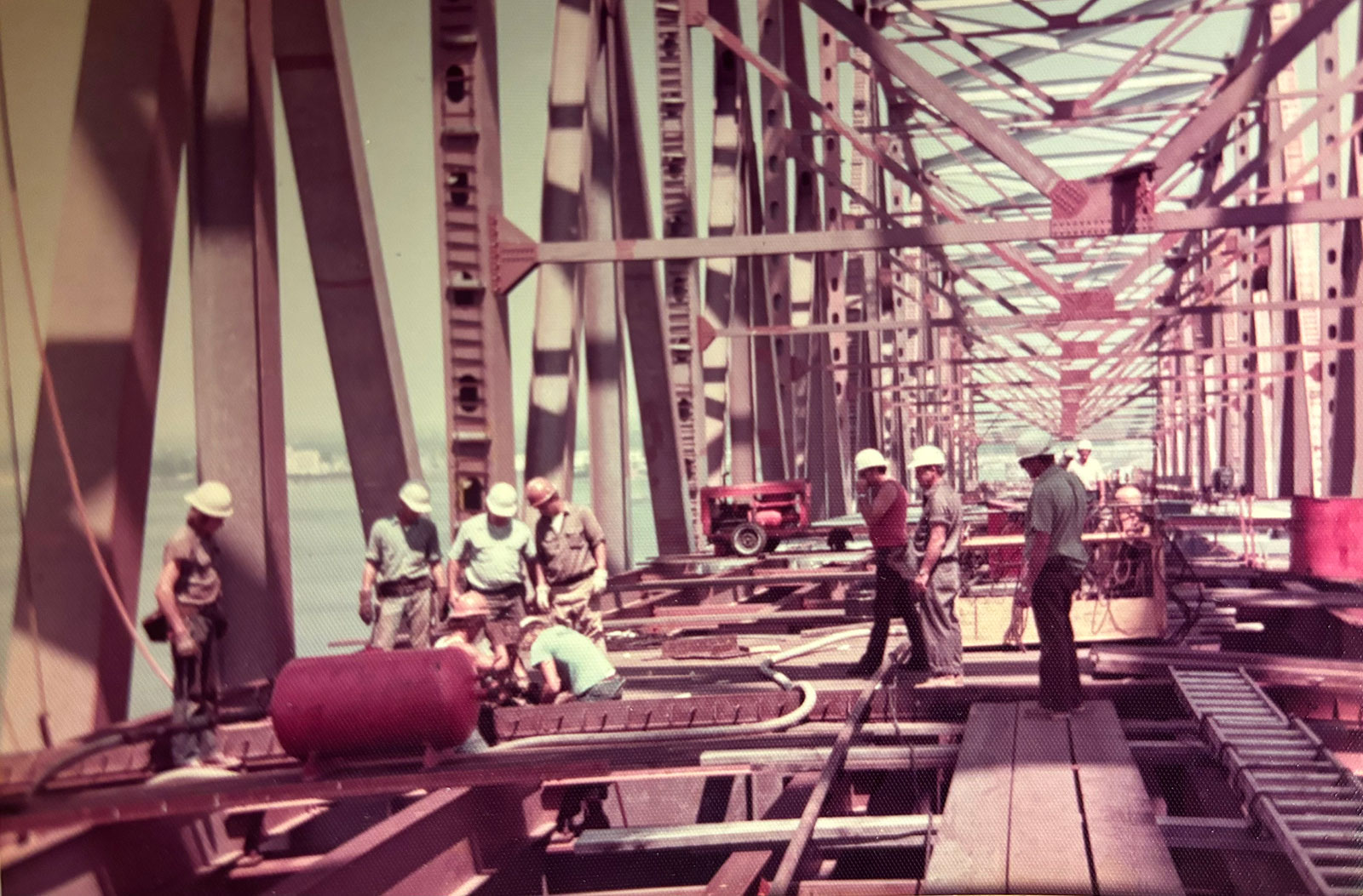 Workers are seen during the construction of the Francis Scott Key Bridge in Baltimore between 1975 and 1977. 