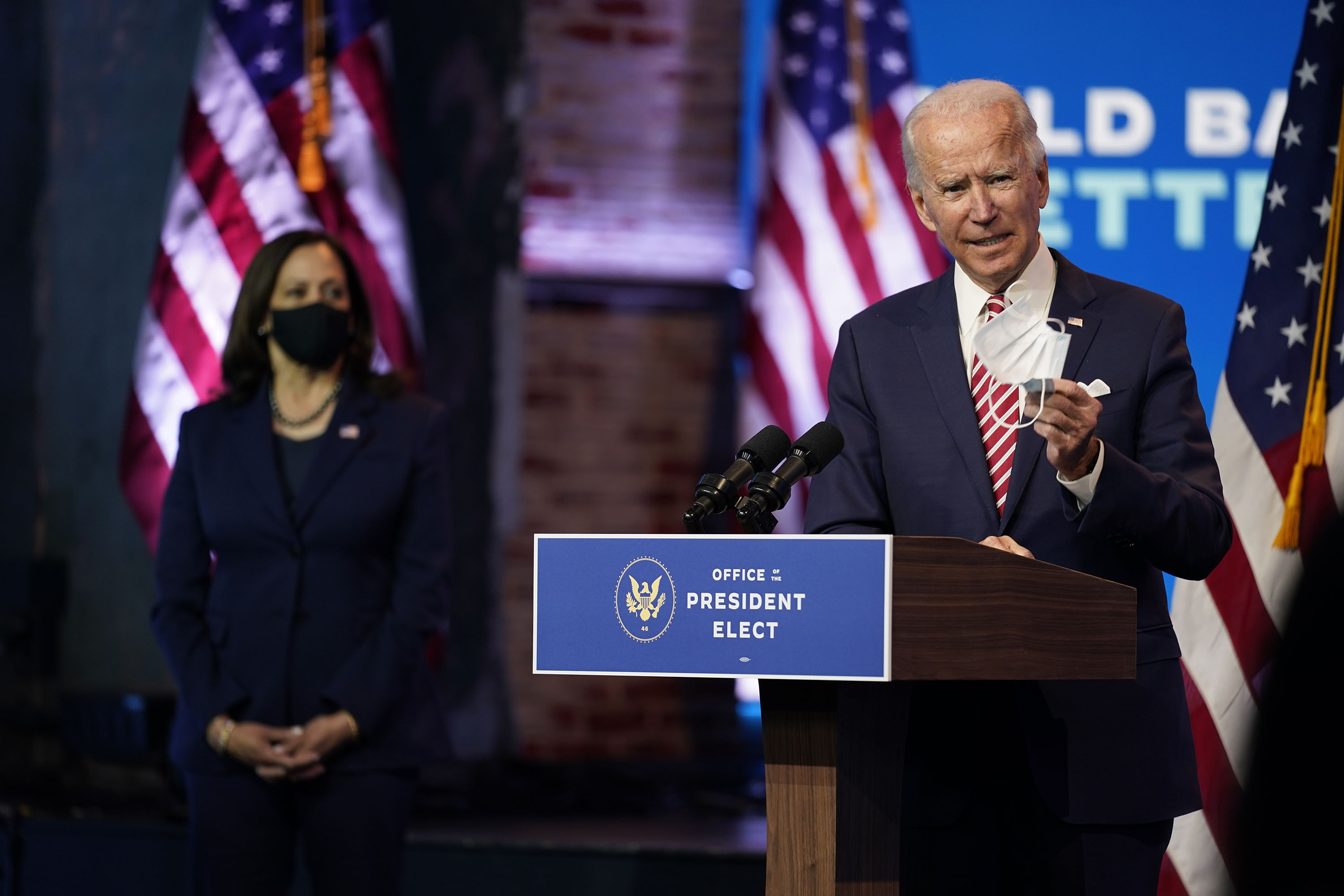 President-elect Joe Biden, accompanied by Vice President-elect Kamala Harris, speaks at The Queen theater in Wilmington, Delaware, on November 16.