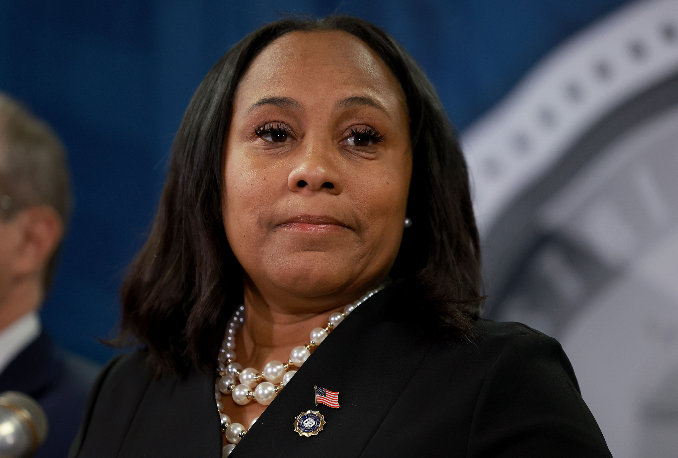 Fulton County District Attorney Fani Willis speaks during a news conference at the Fulton County Government building on August 14, 2023 in Atlanta, Georgia.