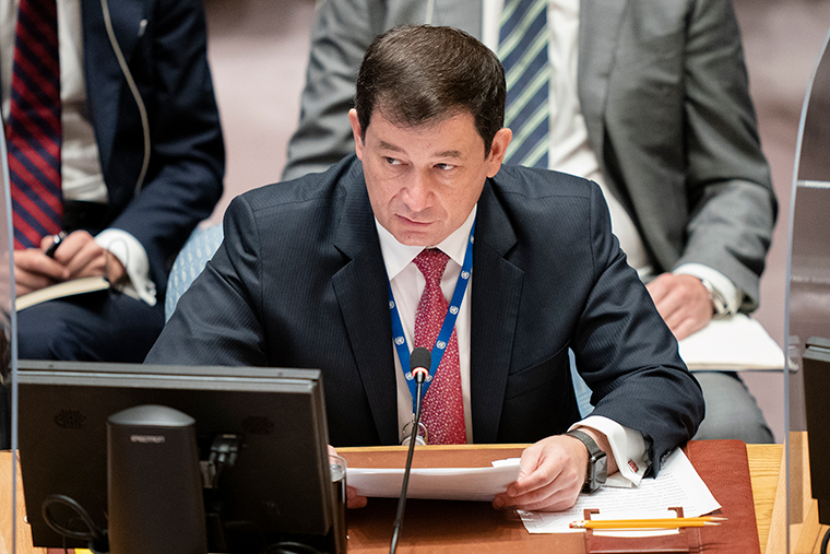Dmitry Polyanskiy, first deputy permanent representative of Russia to the United Nations, speaks during a meeting of the UN Security Council on September 23, 2021 in New York City.