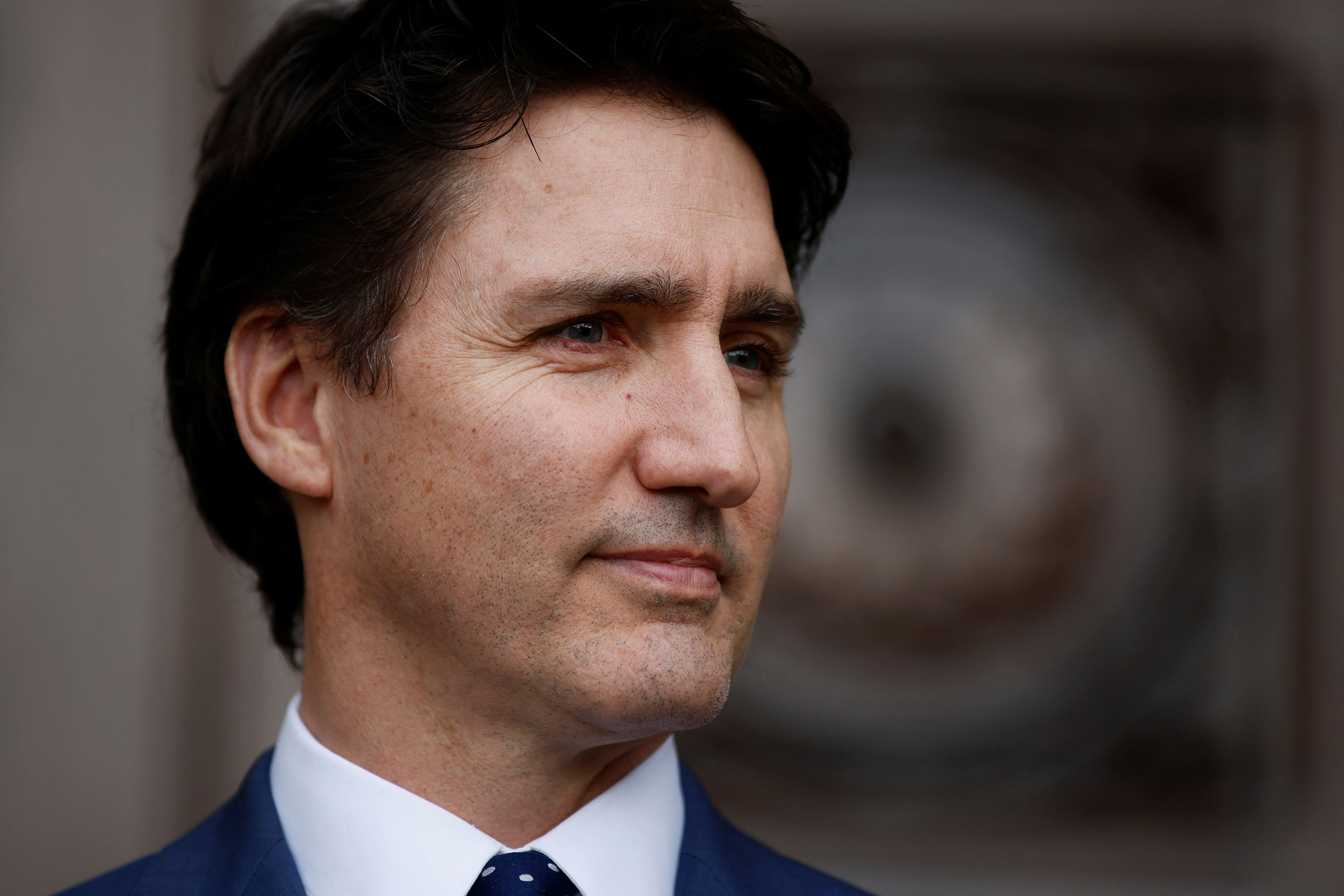 Canadian Prime Minister Justin Trudeau waits to greet Ecuador's President Daniel Noboa in Ottawa, Canada, on March 5. 