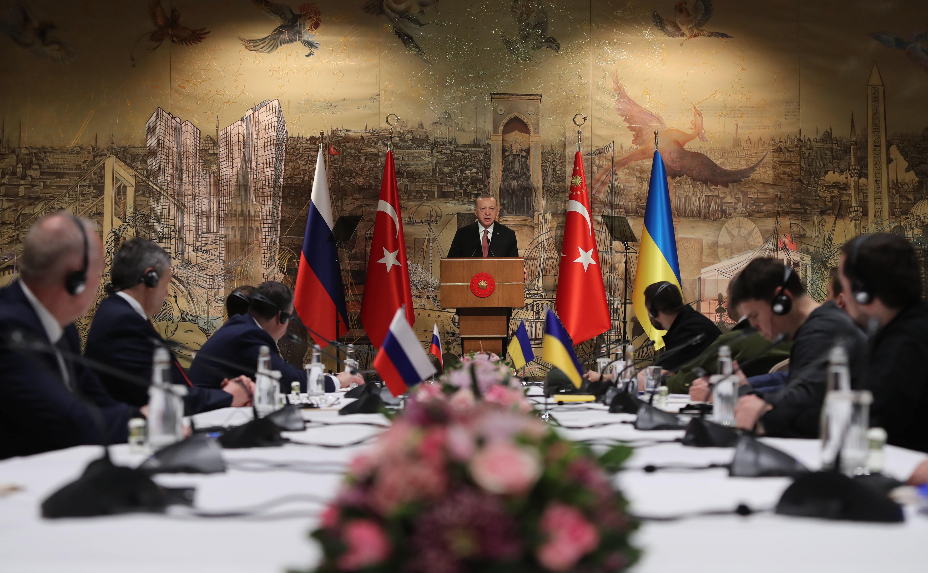 Turkish President Recep Tayyip Erdogan speaks ahead of the peace talks between delegations from Russia and Ukraine at Dolmabahce Presidential Office in Istanbul, Turkey, on March 29.