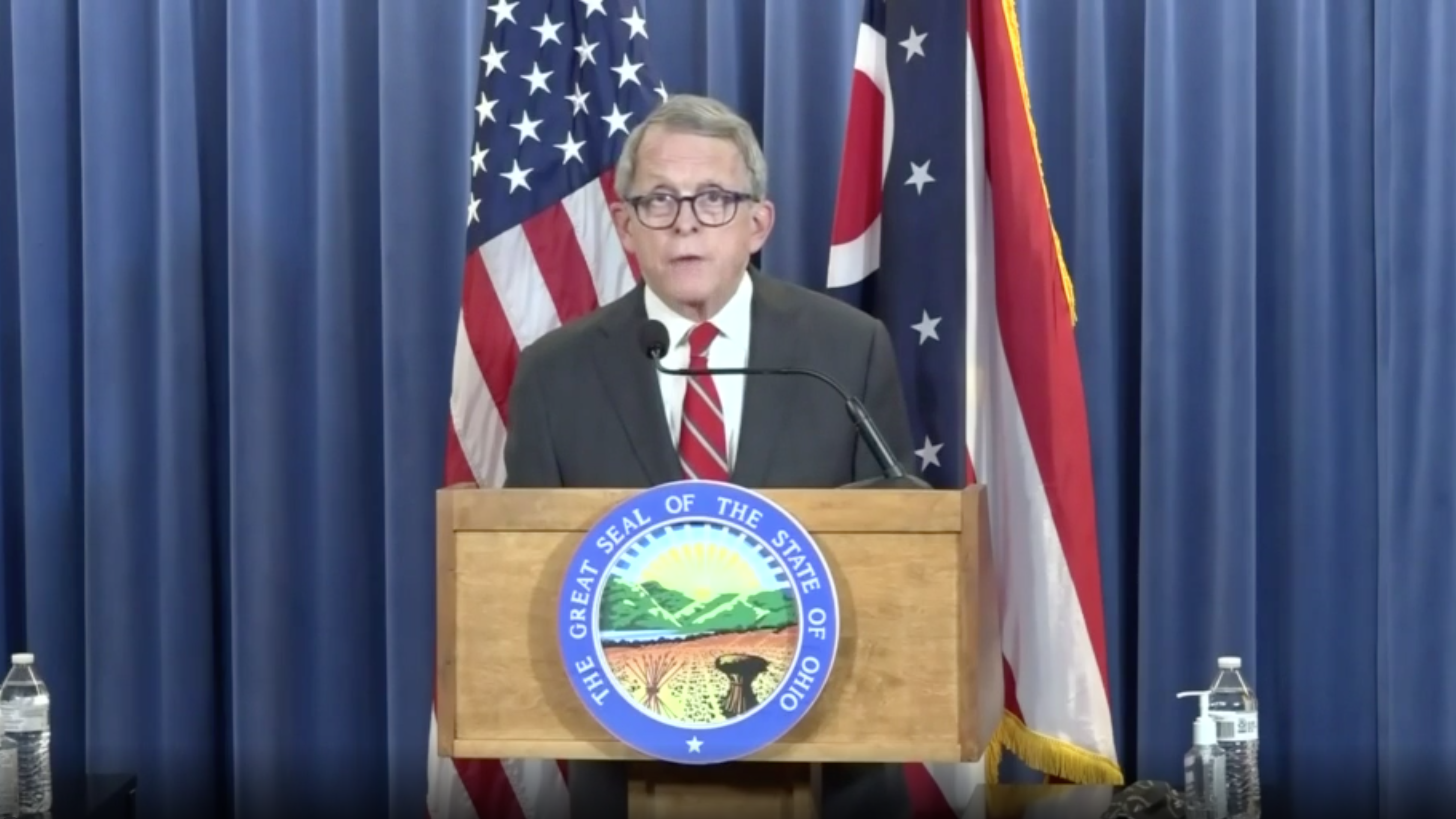 Ohio Gov. Mike DeWine speaks at a news conference in Columbus, Ohio on May, 30.