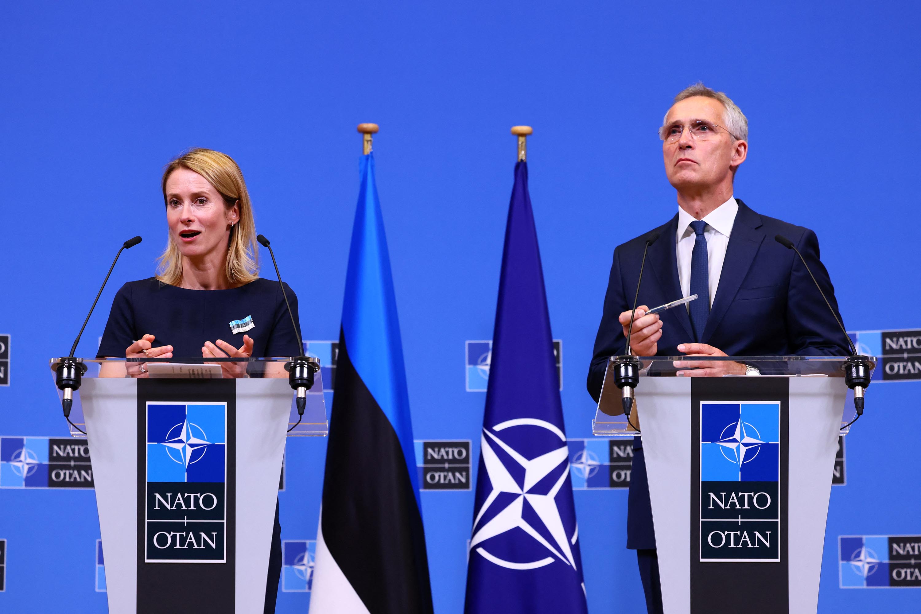 Estonian Prime Minister Kaja Kallas and NATO Secretary General Jens Stoltenberg hold a press conference at the NATO Headquarters in Brussels, Belgium, on June 28. 