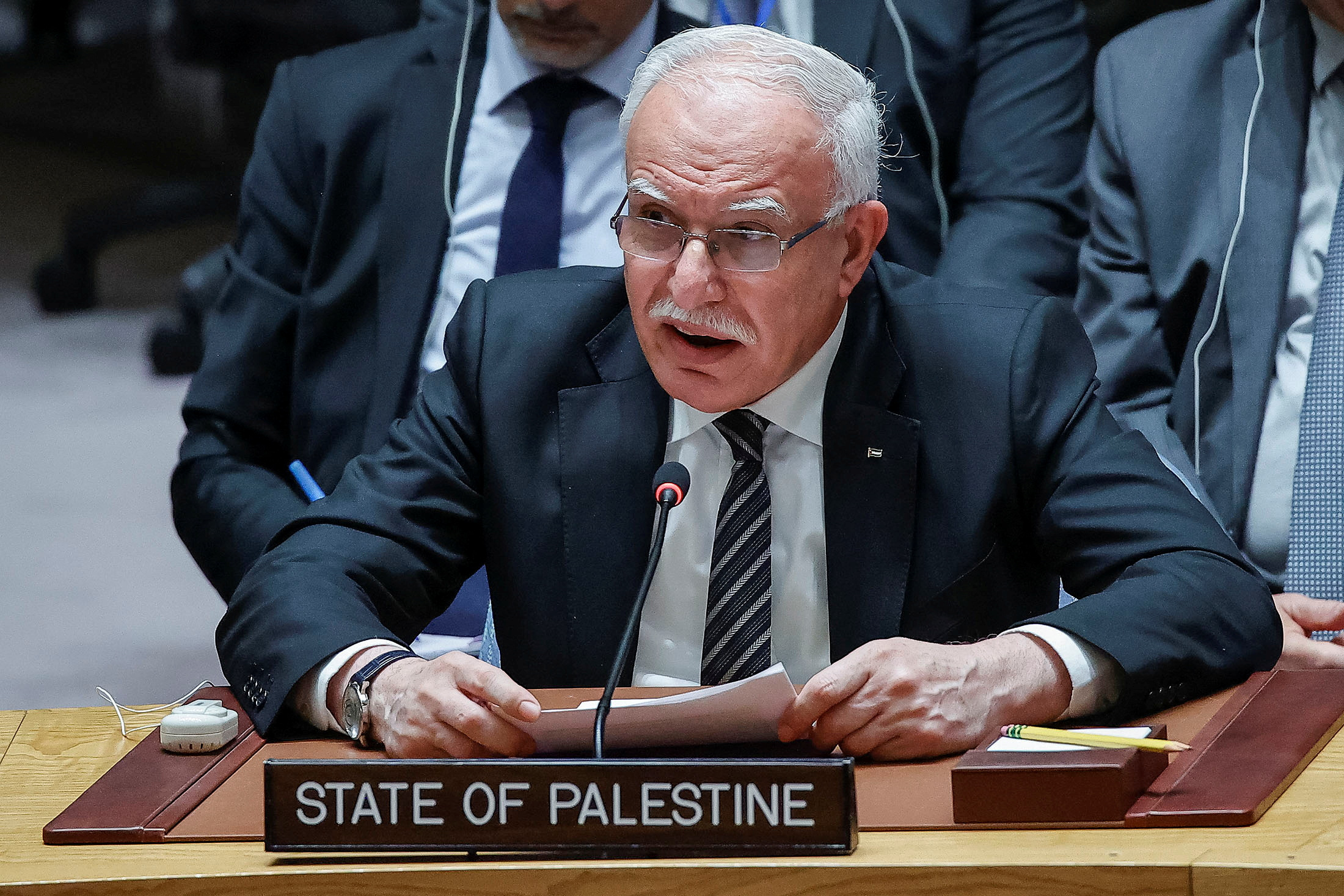 Palestinian Authority Foreign Minister Riyad al-Maliki speaks during a meeting of the United Nations Security Council on Tuesday.