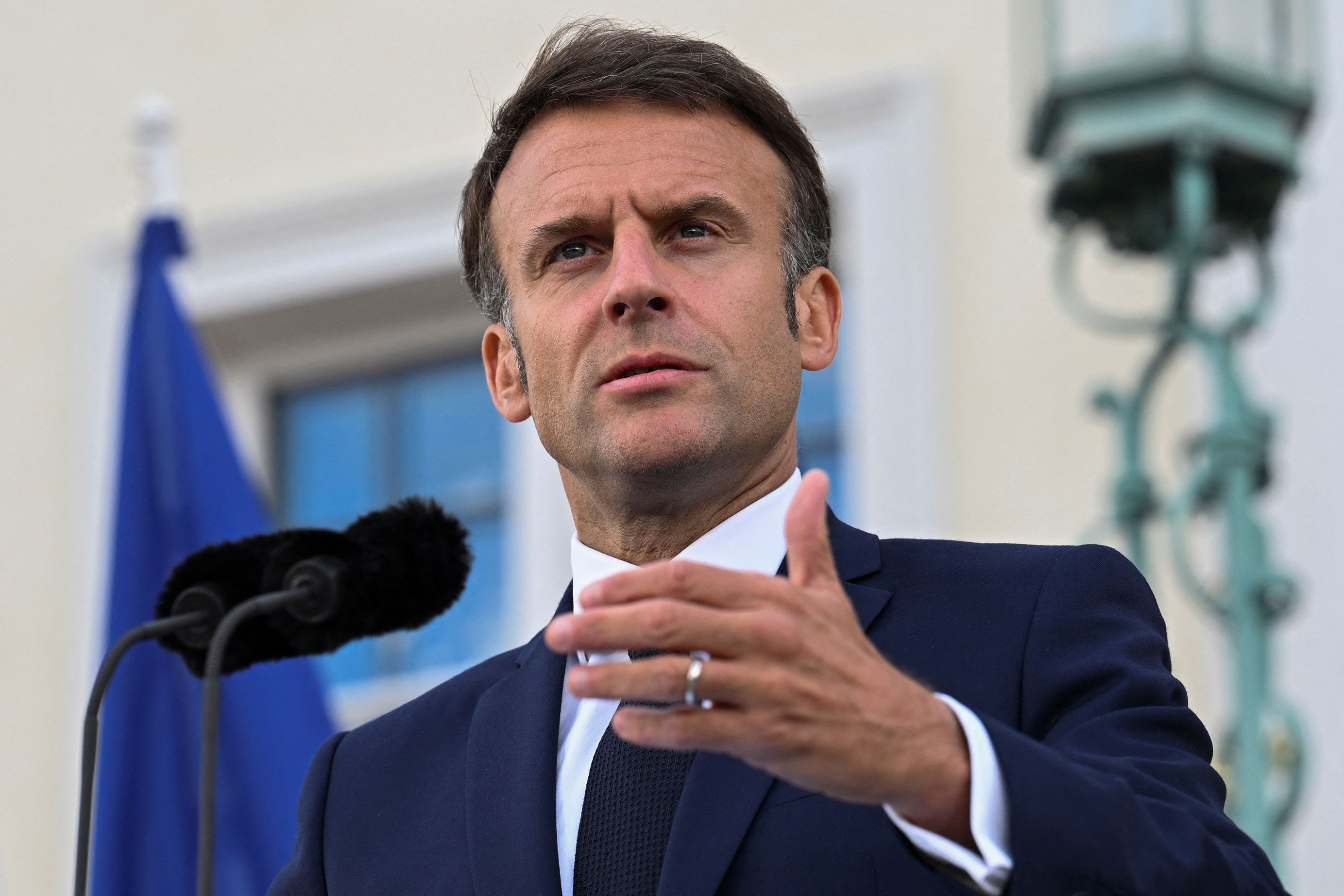 French President Emmanuel Macron speaks to reporters in Gransee, Germany, on May 28. 