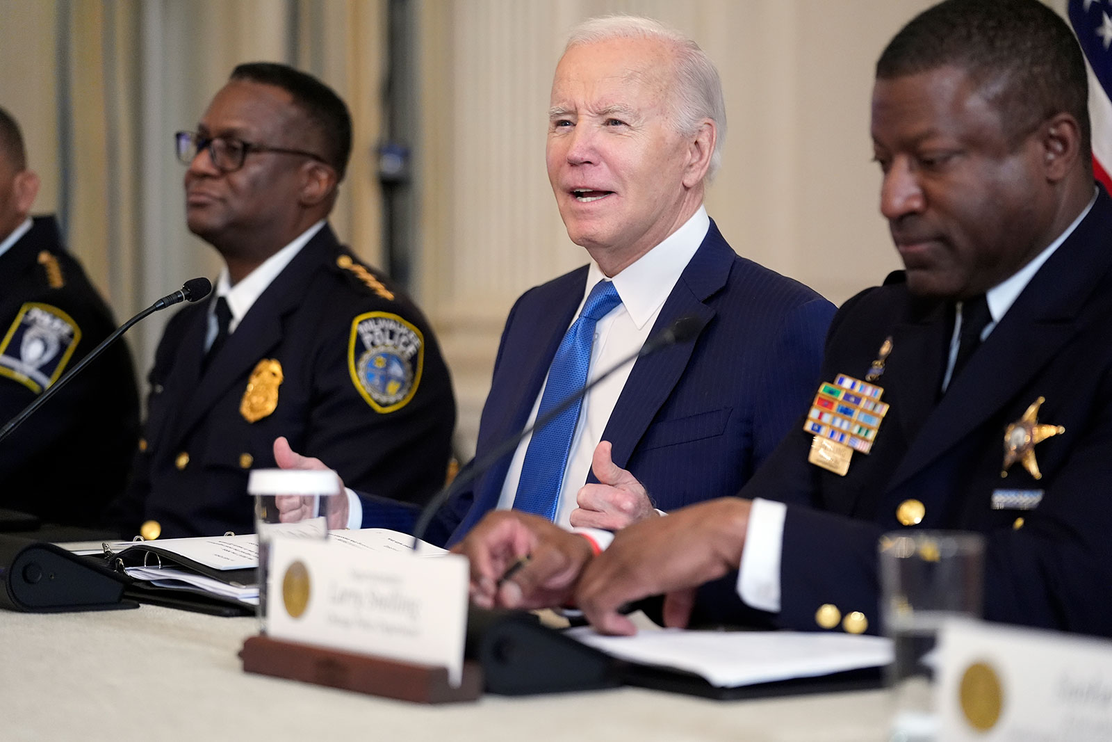 President Joe Biden meets with law enforcement officials in the State Dining Room of the White House in Washington, DC, on  Wednesday, February 28.
