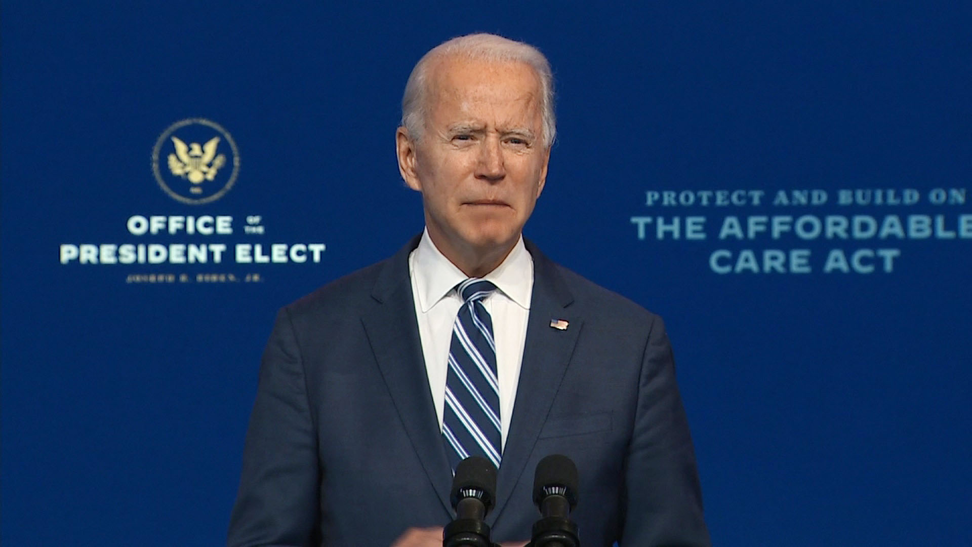 President-elect Joe Biden delivers remarks on the Affordable Care Act from Wilmington, Delaware on Tuesday, November 10. 