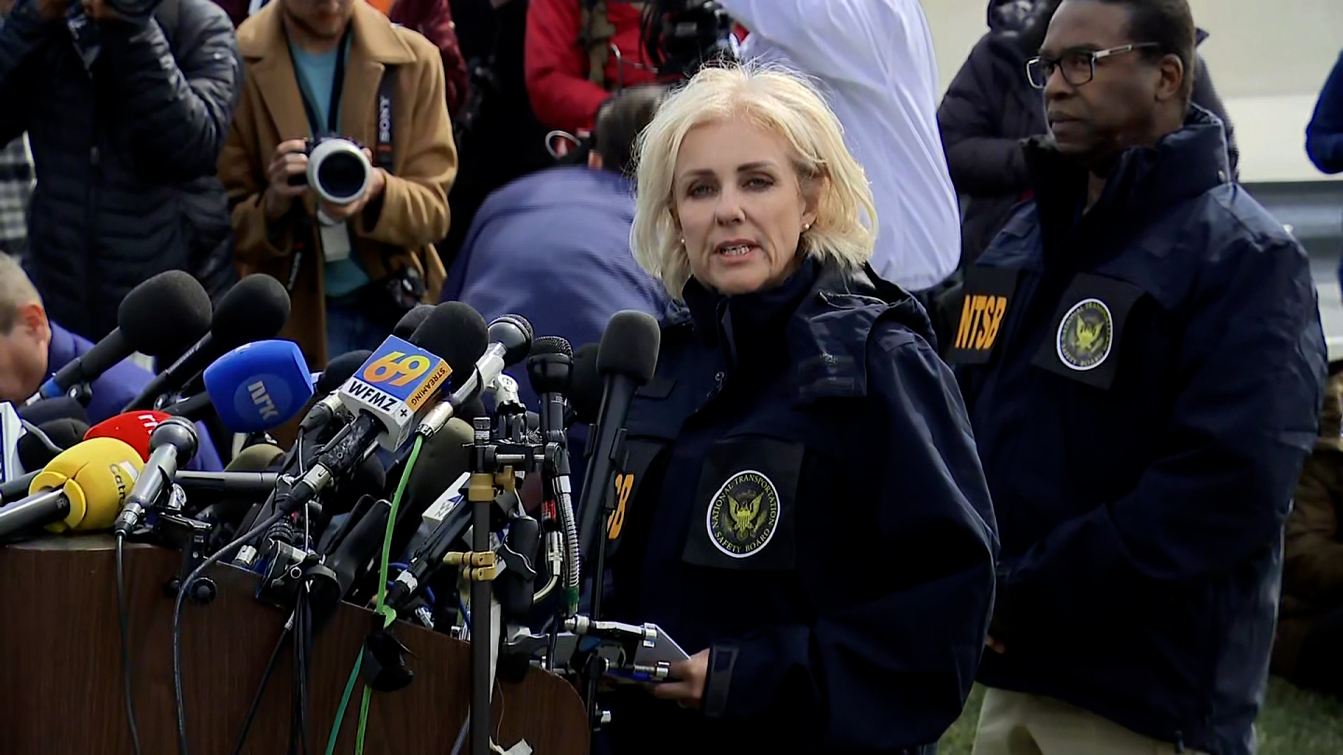 NTSB Chair Jennifer Homendy speaks during a press conference in Baltimore on Tuesday.