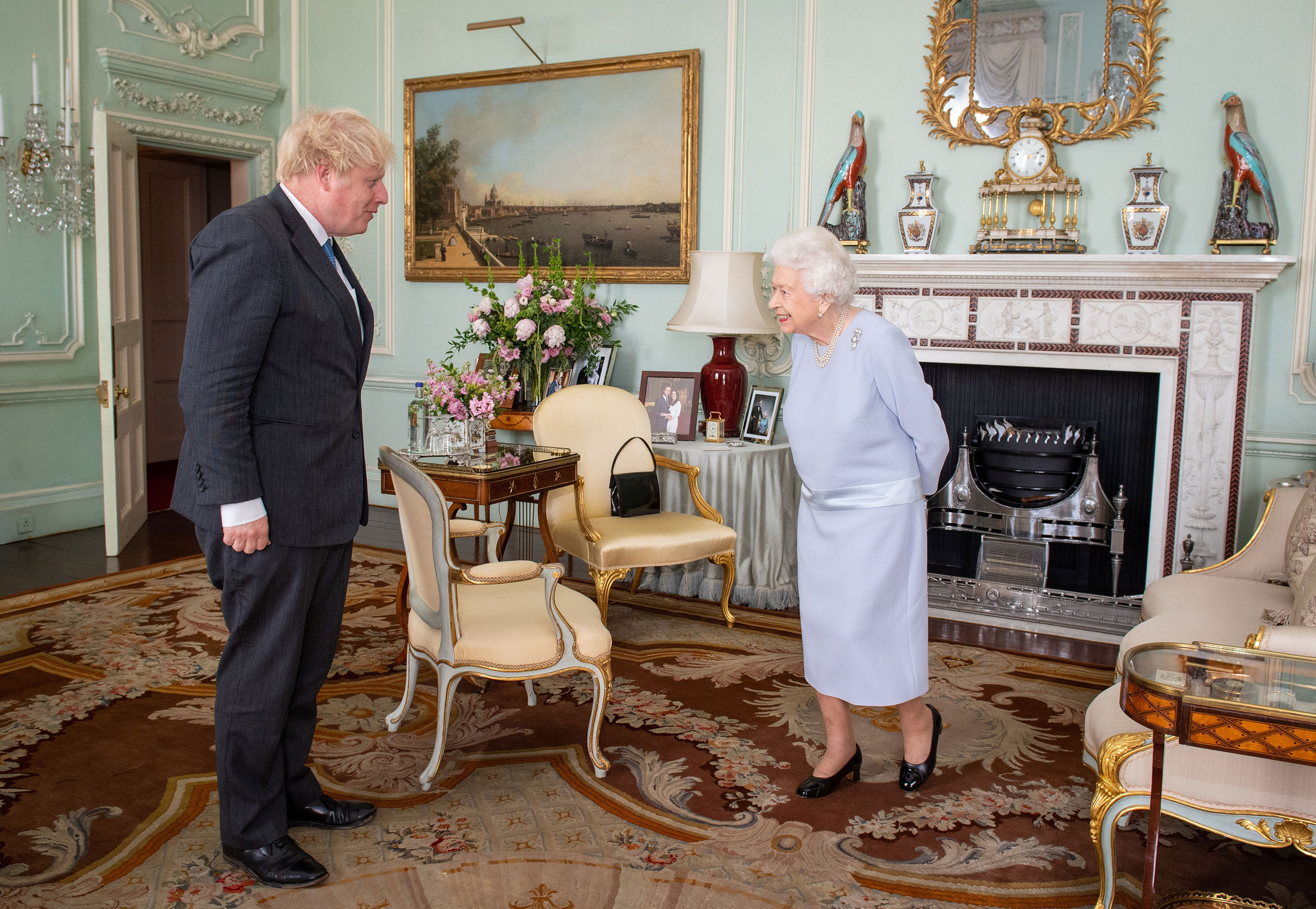 The Queen greets then-Prime Minister Boris Johnson at Buckingham Palace in June 2021.