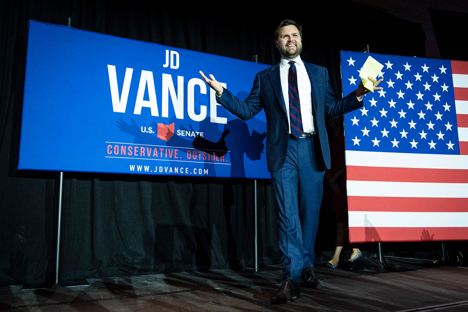 Republican Senate candidate J.D. Vance arrives onstage after winning the primary at an election night event in Cincinnati, Ohio, on May 3.