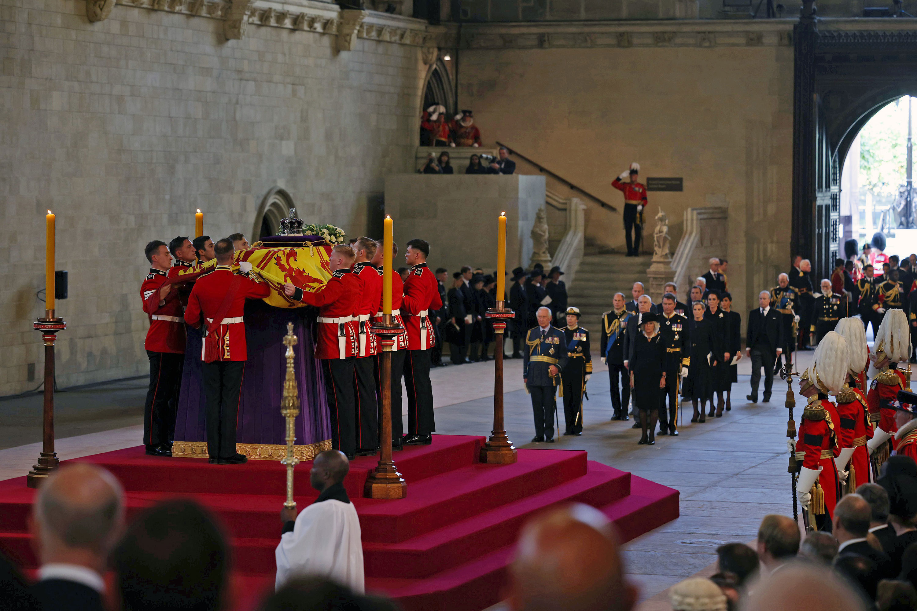 The coffin carrying Queen Elizabeth is placed in Westminster Hall.