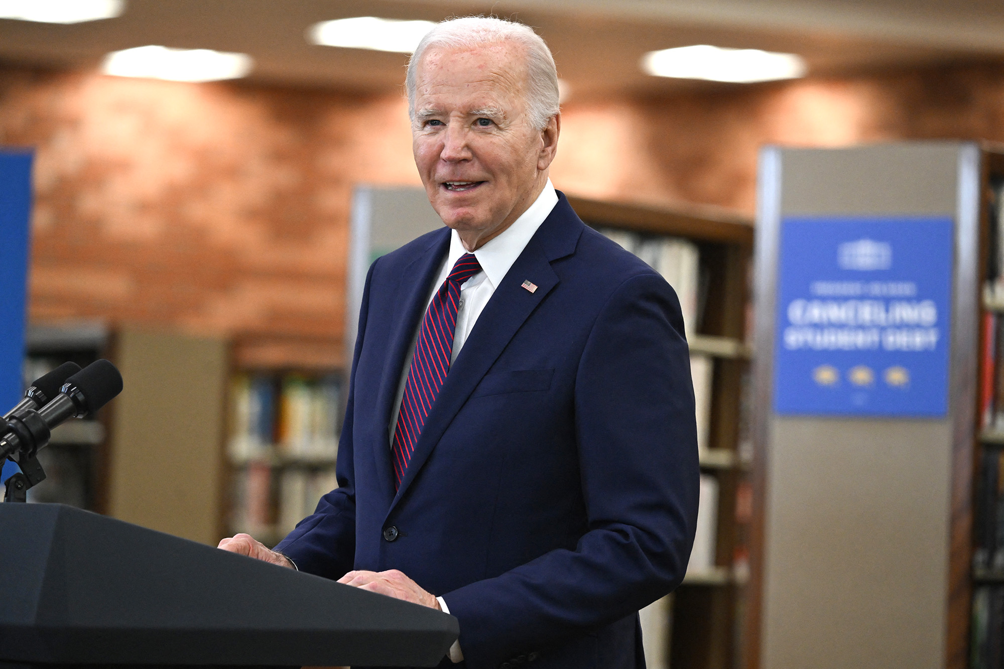 US President Joe Biden speaks during an event at the Julian Dixon Library in Culver City, California on February 21.