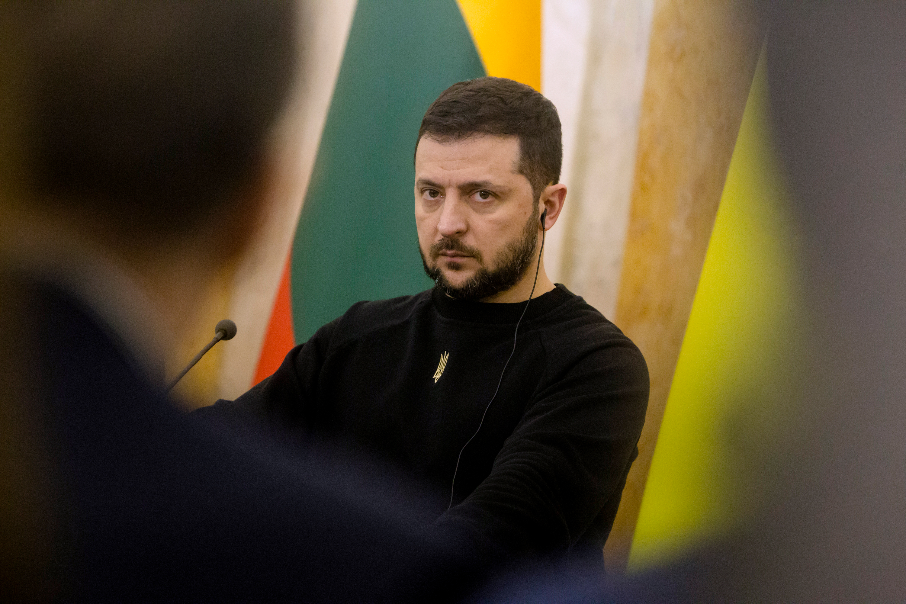 Volodymyr Zelensky during the tripartite meeting on January 11, in Lviv, Ukraine.