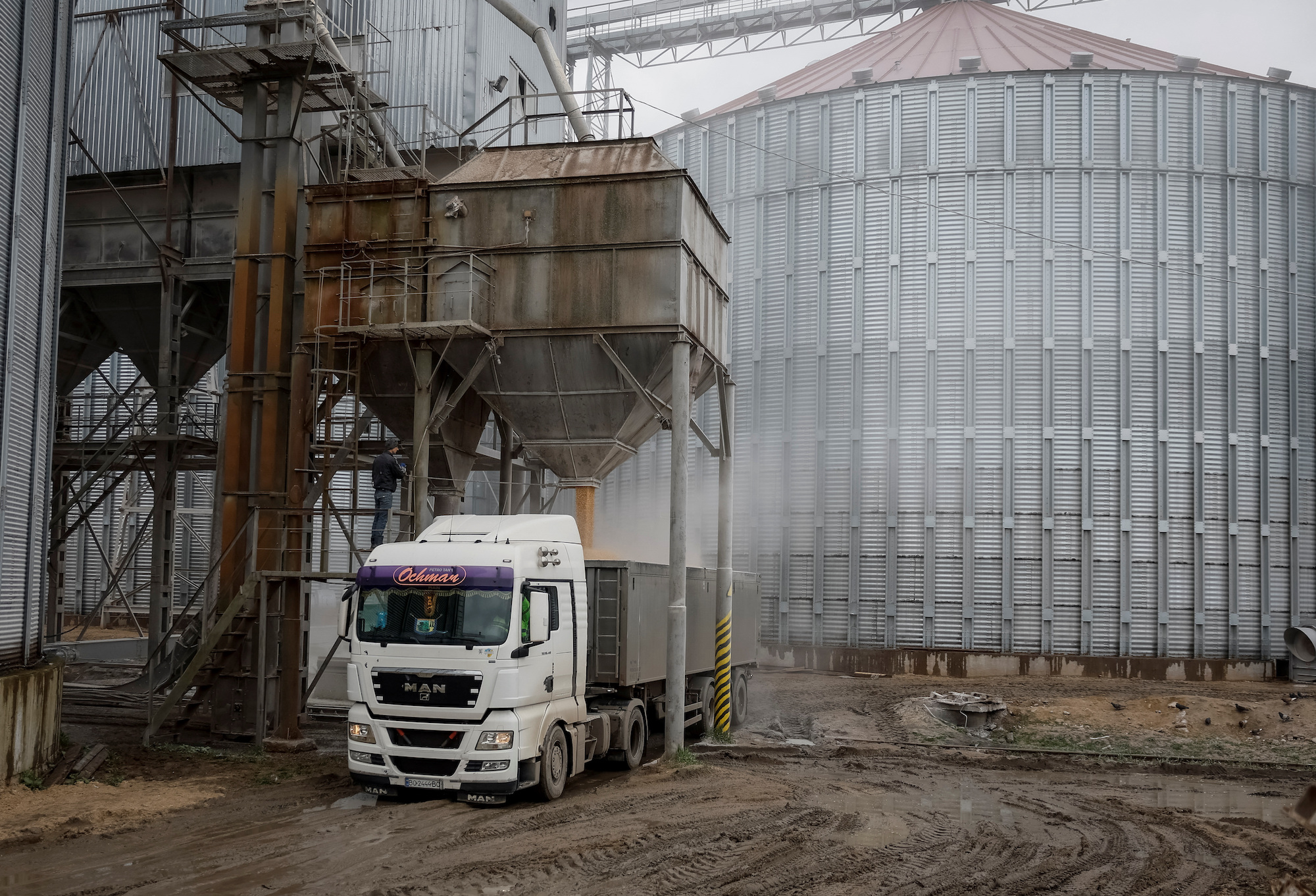 A load of corn is poured into a truck at a grain storage facility in the village of Bilohiria, Ukraine, on April 19.