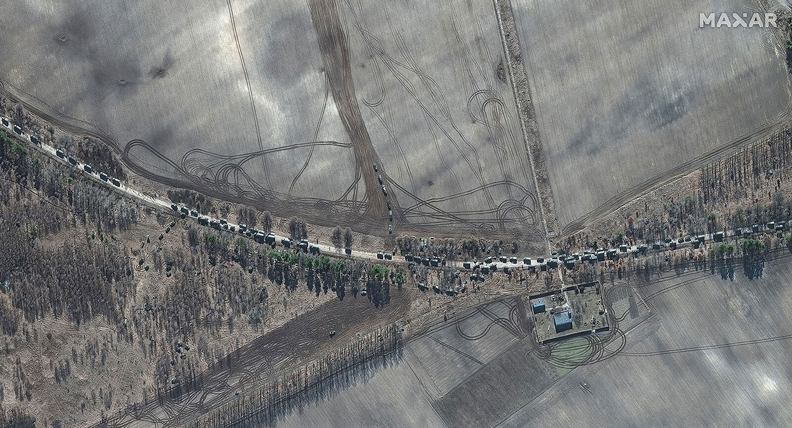 Satellite images from Maxar Technologies show the convoy on February 28
