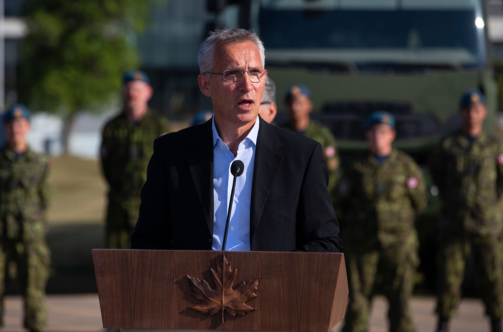 NATO Secretary General Jens Stoltenberg speaks during a press conference at 4 Wing Cold Lake air base in Cold Lake, Alberta, on August 26.