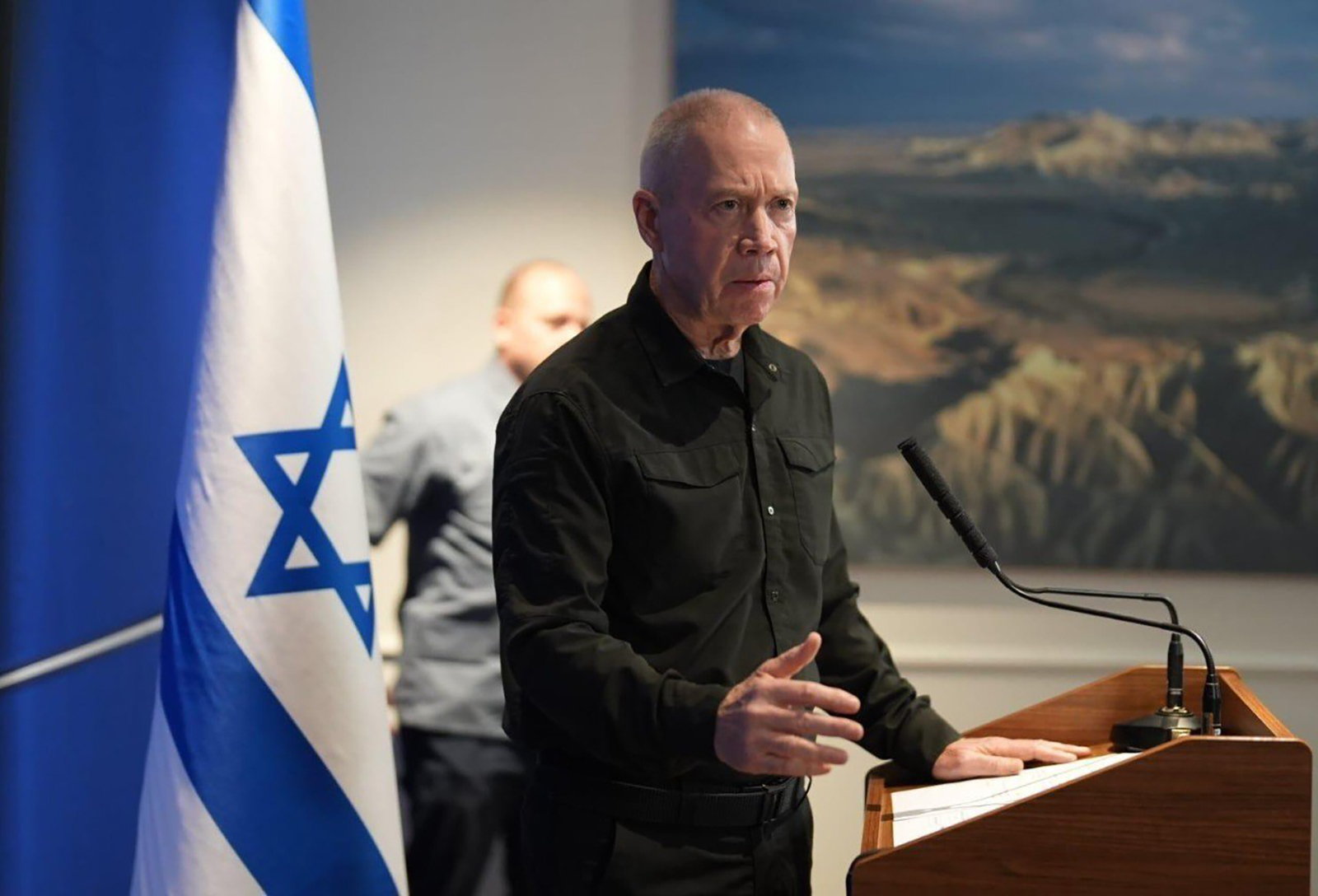 Yoav Gallant speaks during a press conference in Tel Aviv, Israel on October 25.
