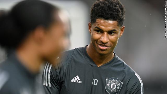 English striker Marcus Rashford takes part in a training session on the eve of a game on August 9.