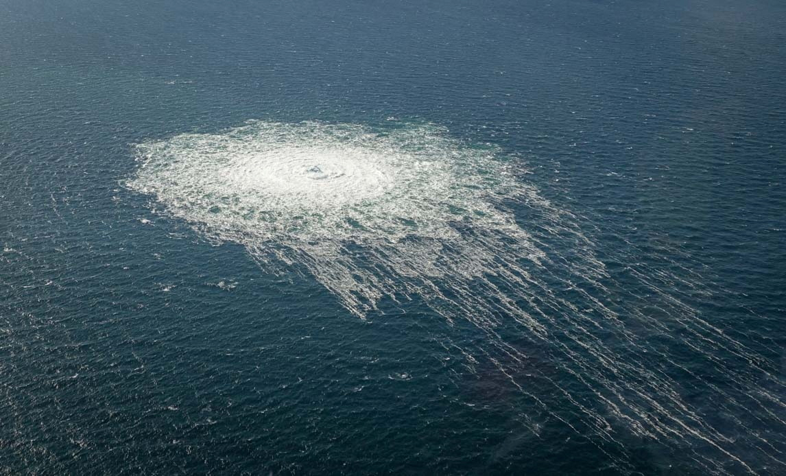 Gas bubbles from the Nord Stream 2 leak reach the surface of the Baltic Sea near Bornholm, Denmark, on September 27.