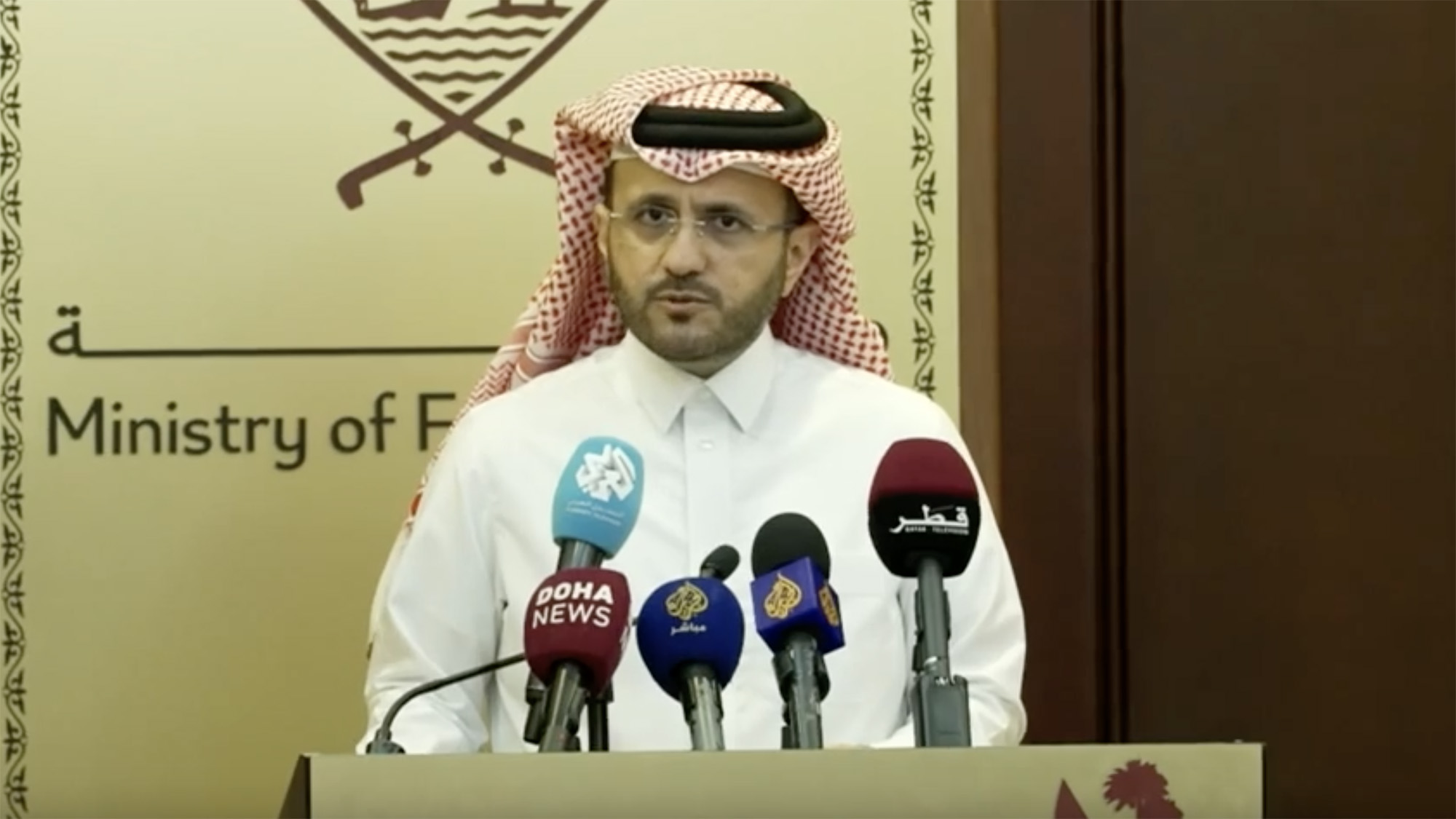 Qatar foreign ministry spokesperson Majed Al-Ansari delivers a press conference on November 23