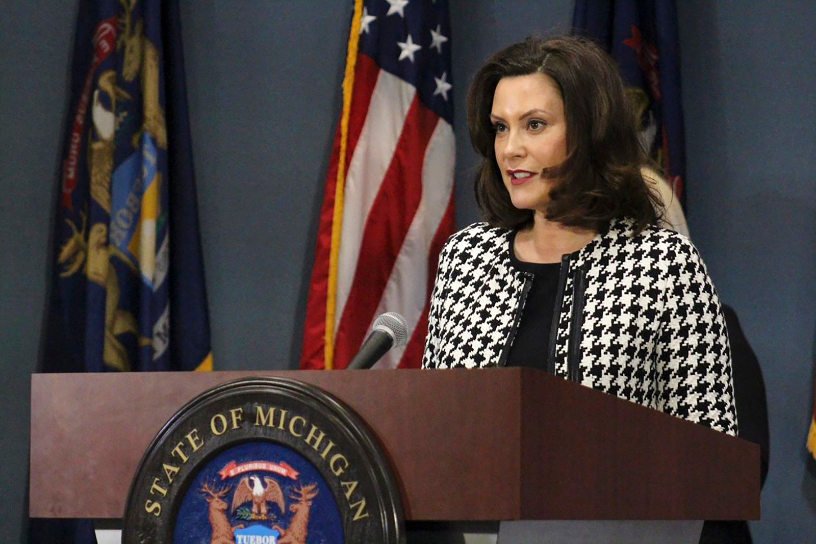 Michigan Gov. Gretchen Whitmer addresses the state in Lansing, Michigan on April 20.