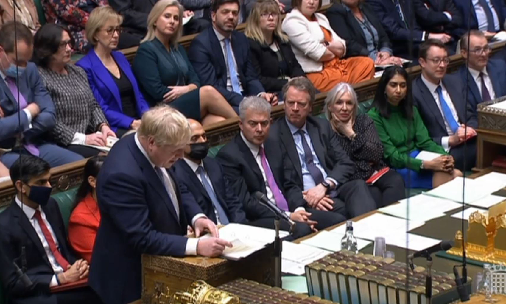 Prime Minister Boris Johnson delivers a statement to MPs in the House of Commons on the Sue Gray report on January 31.