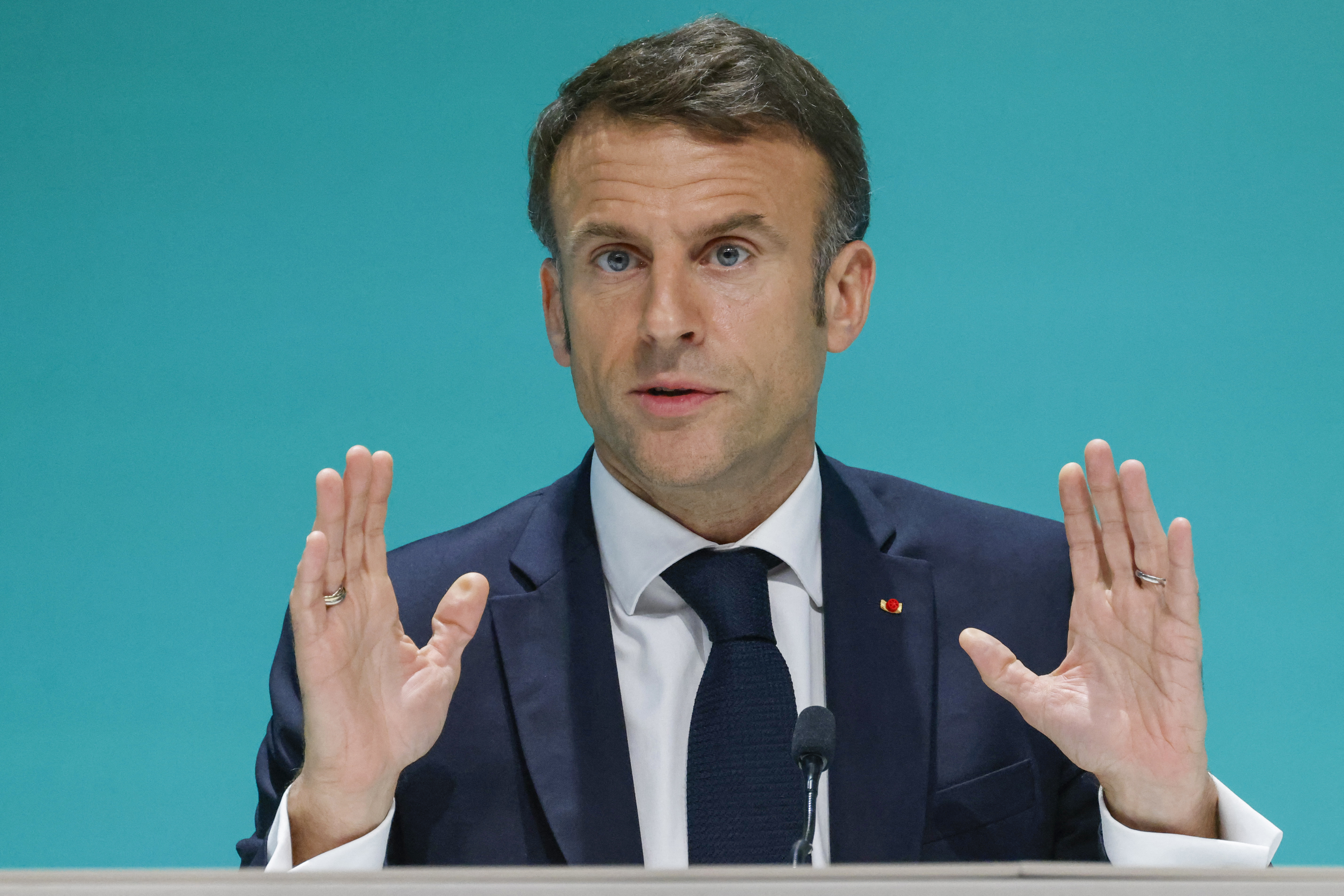 French President Emmanuel Macron speaks at a press conference during the COP28 climate summit in Dubai on Saturday, December 2.