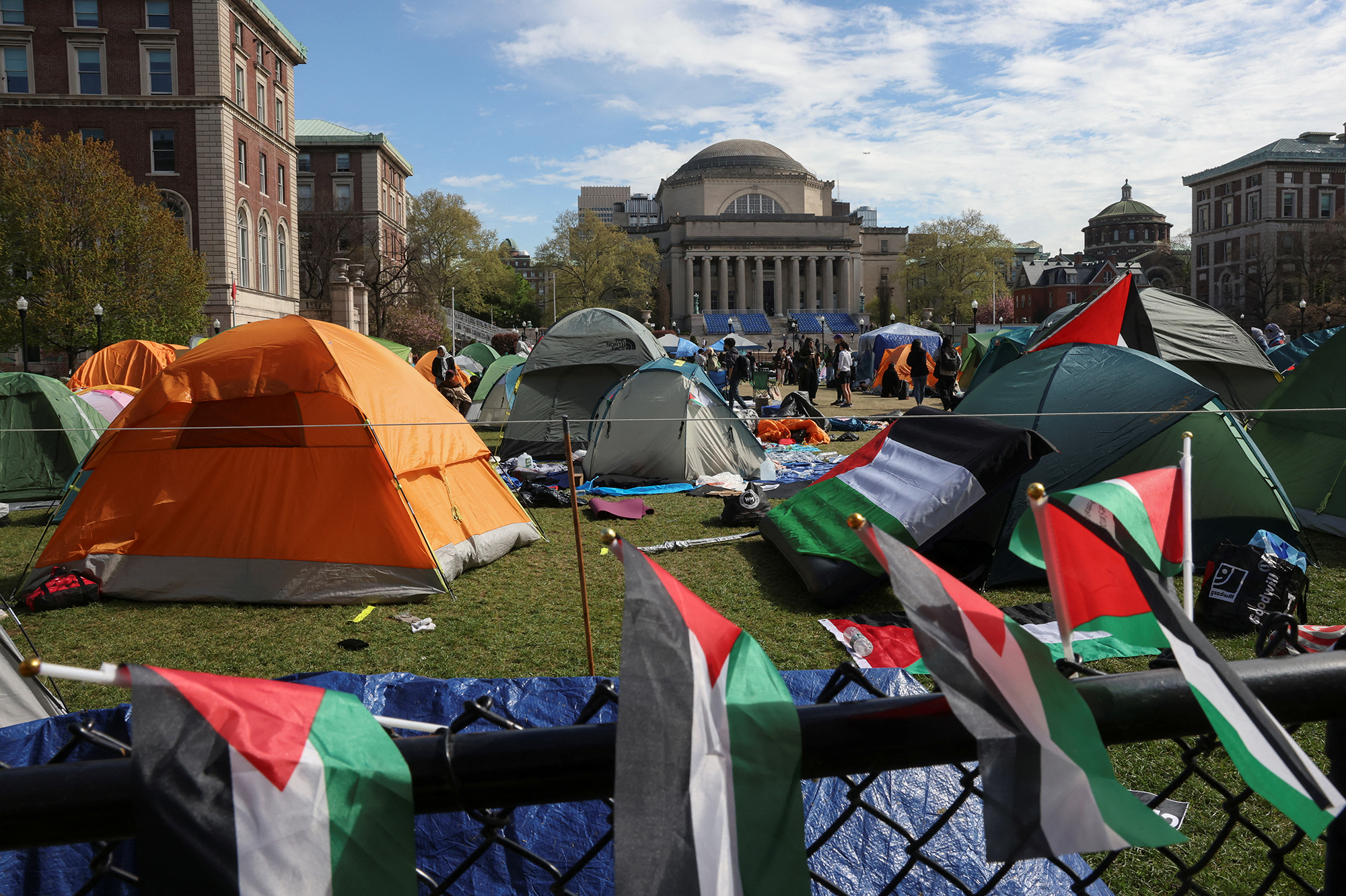 Students continue to maintain a protest encampment in support of Palestinians on the Columbia University campus on April 24.