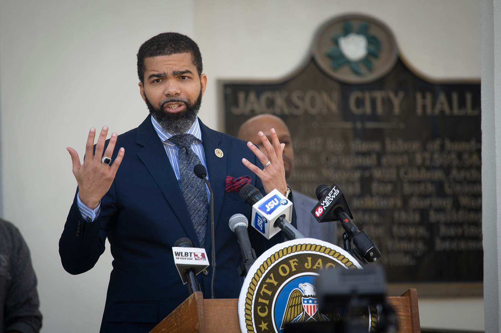 In this Wednesday, April 1 photo, Jackson Mayor Chokwe Antar Lumumba announces a stay-at-home order for the city of Jackson to combat the spread of Covid-19. 
